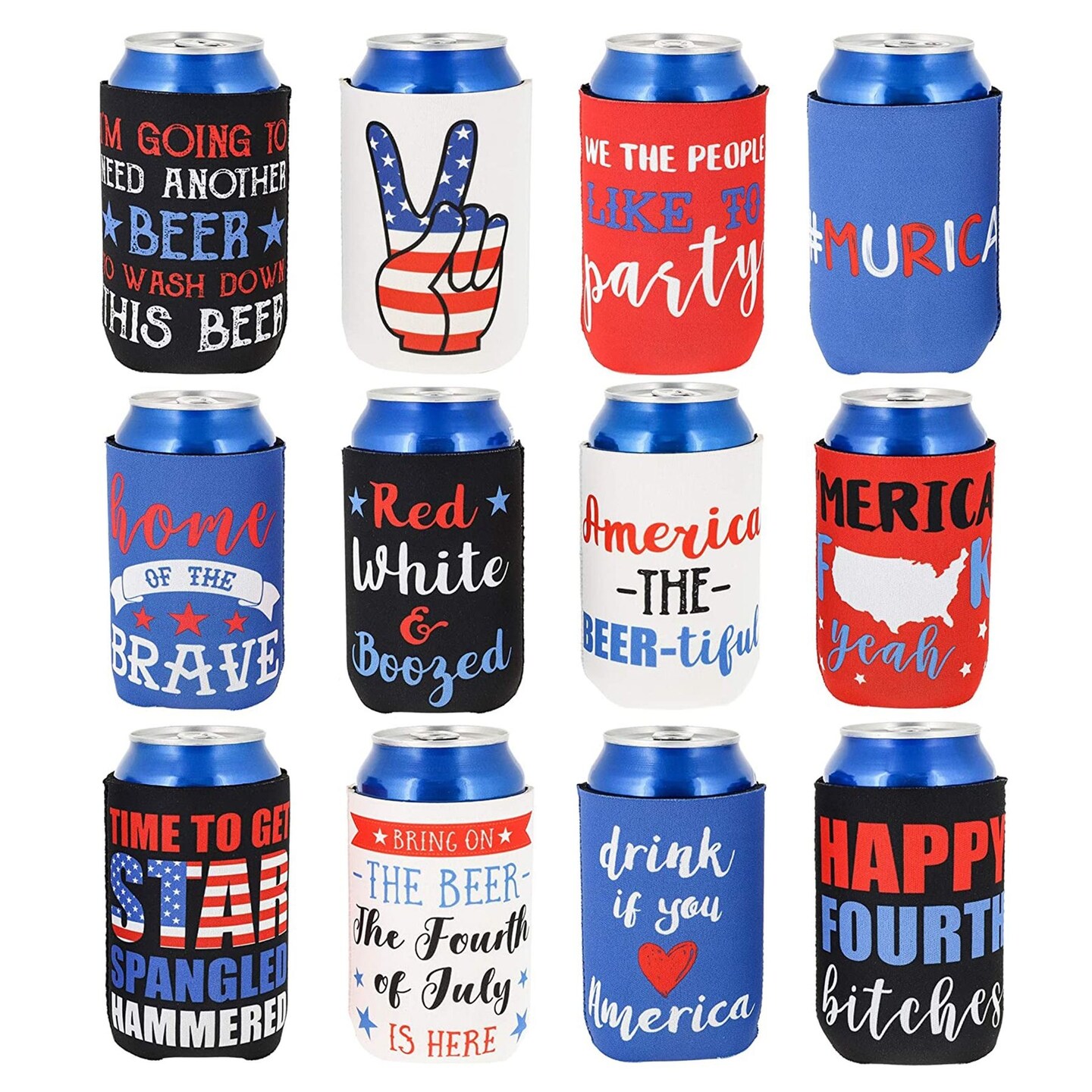 12 Pack Beer Can Sleeves USA Patriotic Neoprene Cooler for Soda, Beer, Beverages, 12 Assorted Designs (12 oz)