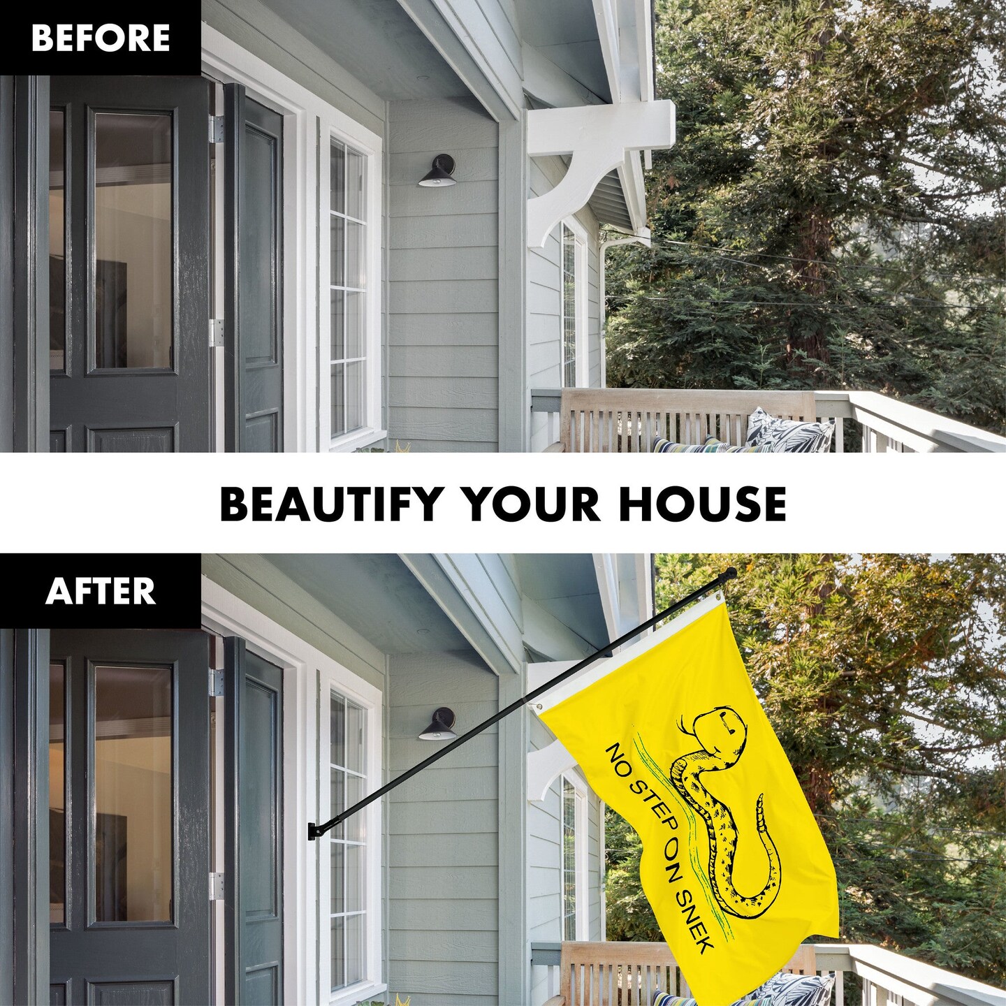 G128 Combo Pack: 6 Ft Tangle Free Spinning Flagpole (Black) & No Step on Snek Cute Cartoon Flag 3x5 Ft Printed 150D Polyester, Brass Grommets (Flag Included) Aluminum Flag Pole