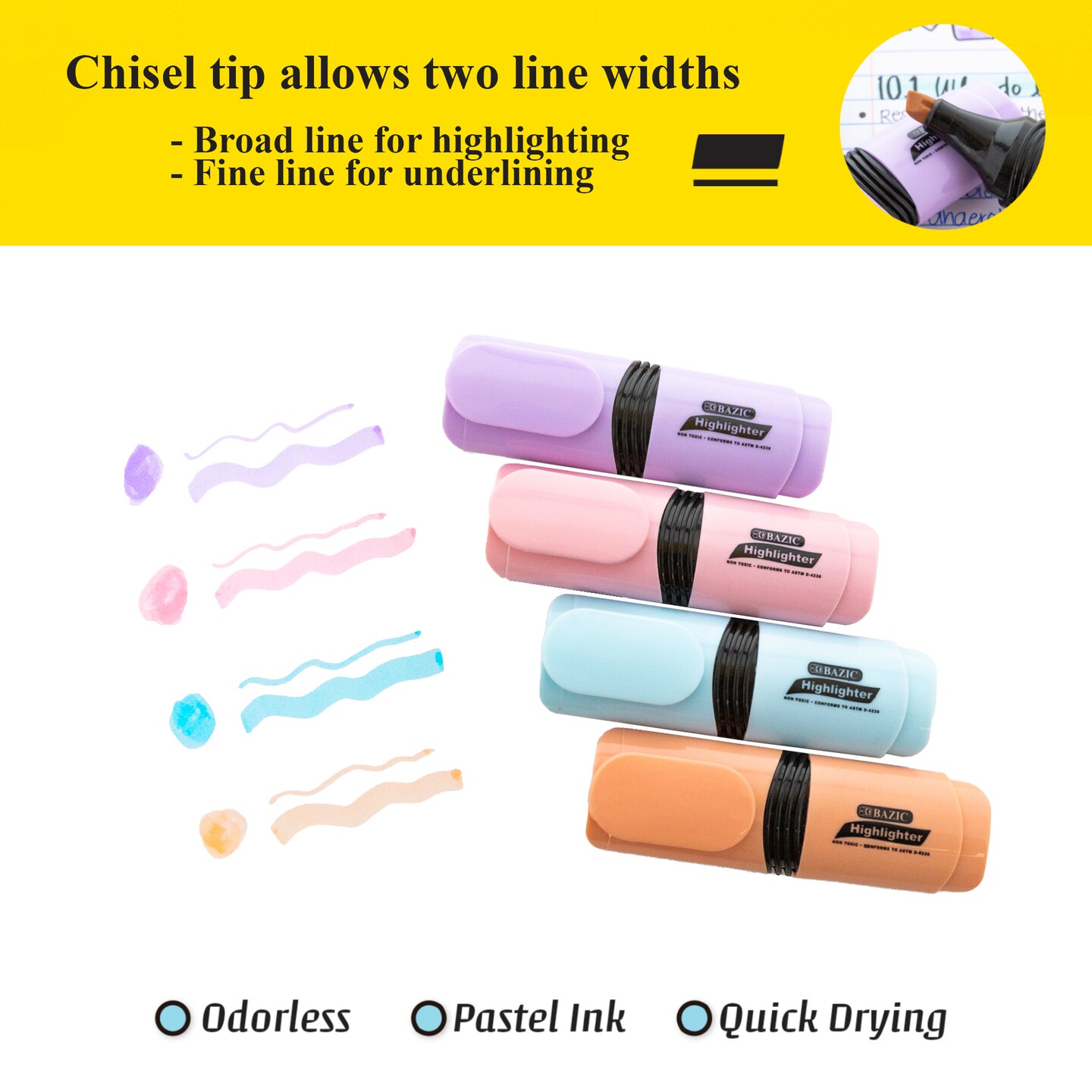 BAZIC Desk Style Pastel Mini Highlighters (4/Pack)