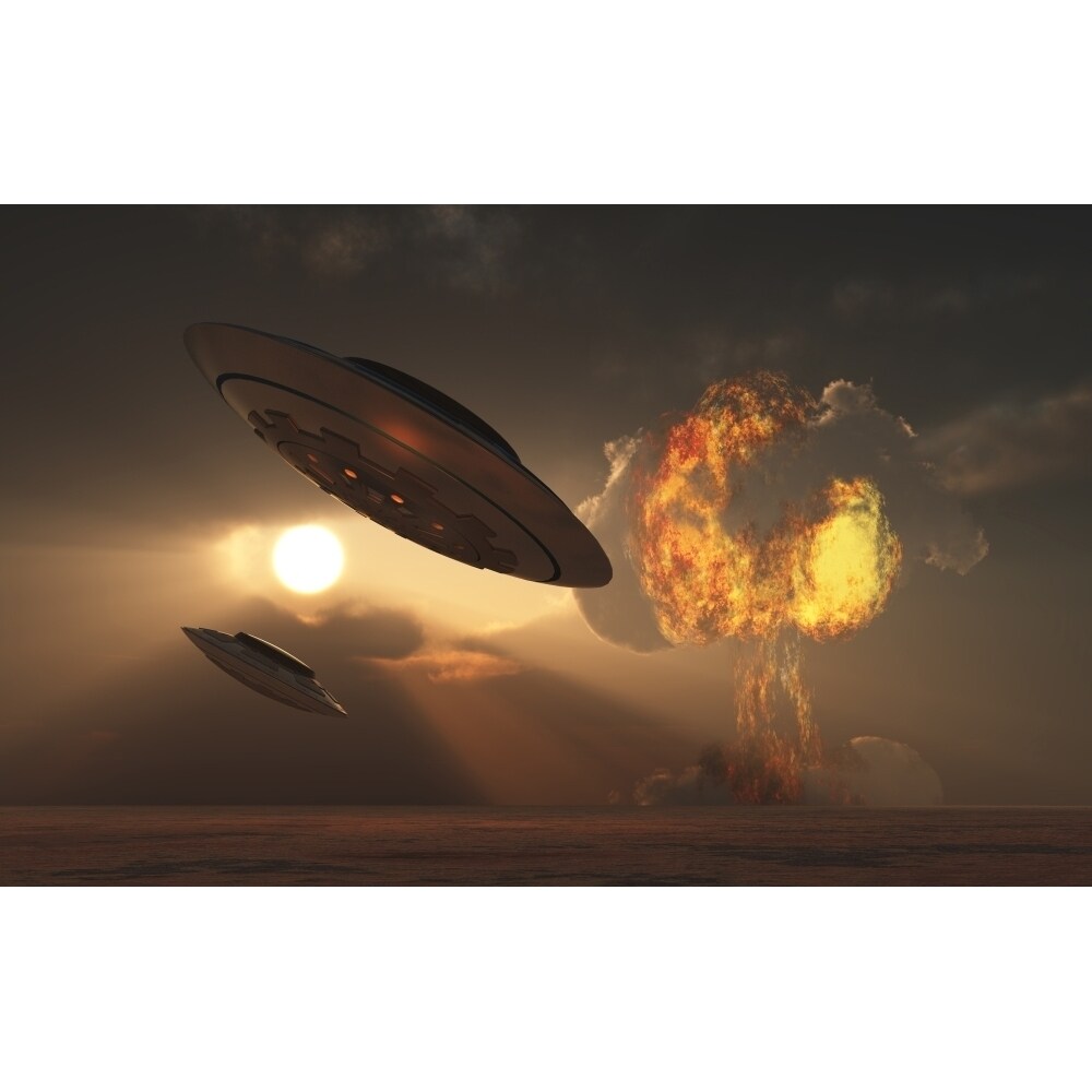 A Pair Of Ufos With A Nuclear Explosion In Background Poster Print