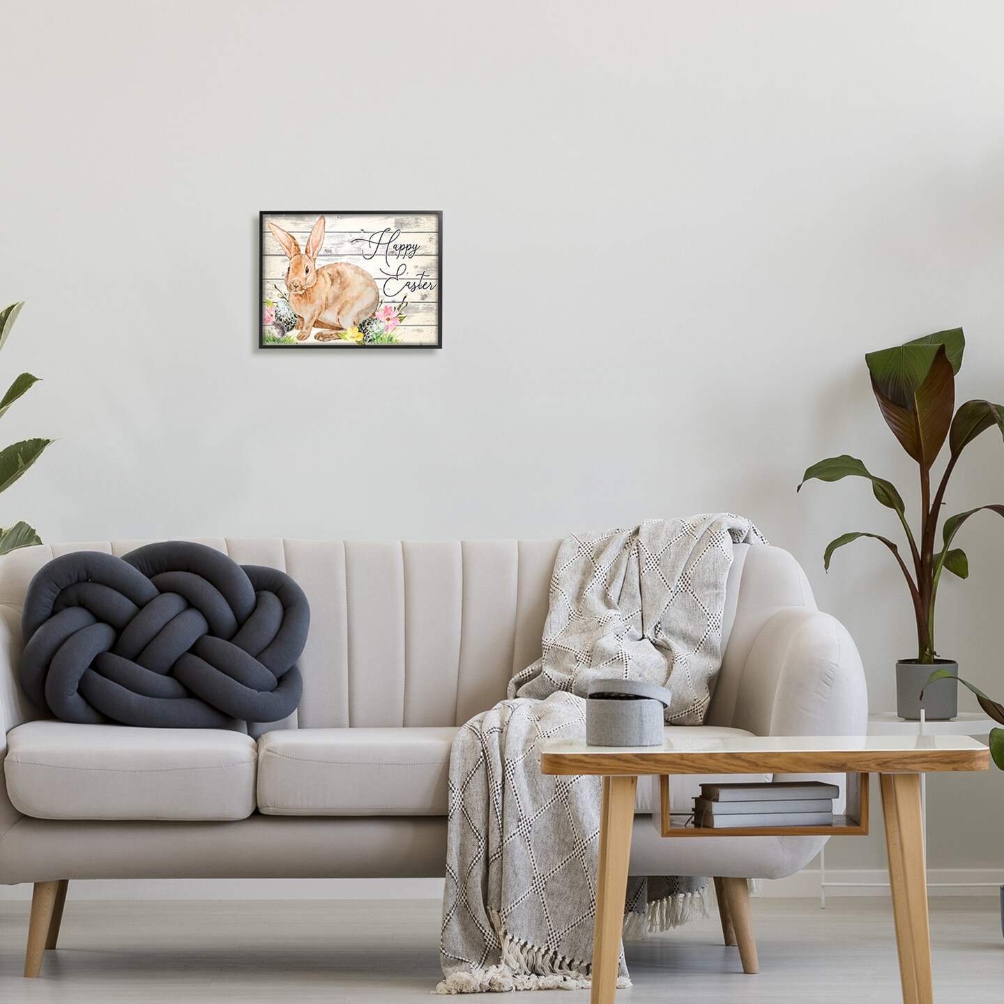 Stupell Industries Spring Floral Happy Easter Bunny Black Framed Giclee Art