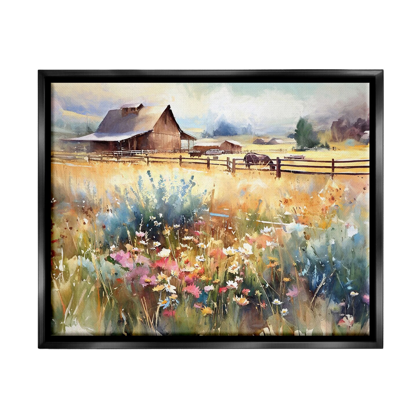 Stupell Industries Horse in Farmhouse Meadow Black Framed Floater Canvas Wall Art
