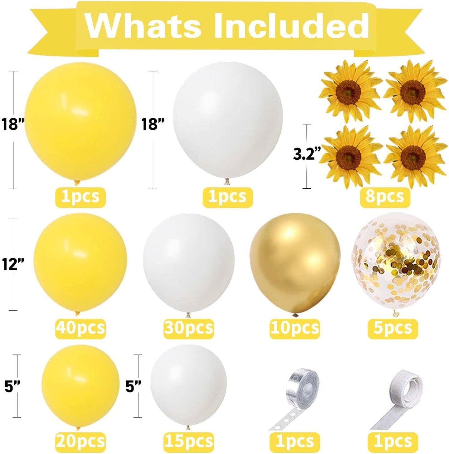 18Inch Sunflower Yellow Gold White Balloons Balloon Garland Arch Kit, Sunflower Bee Theme Birthday Baby Shower Wedding Party Decorations for Girl Boy