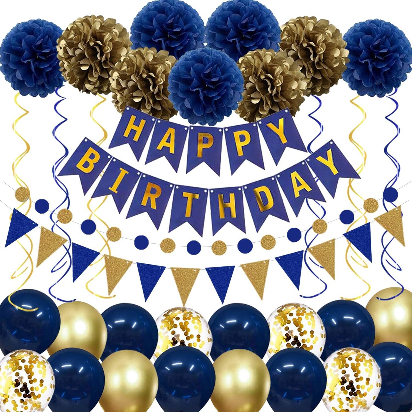 Navy Blue Gold Birthday Decorations, Birthday Party Supplies for Men Women Boys Girls with HAPPY BIRTHDAY Banner, Tissue Paper Flowers Pom Pom, Pennant and Circle Dot String, Latex Confetti