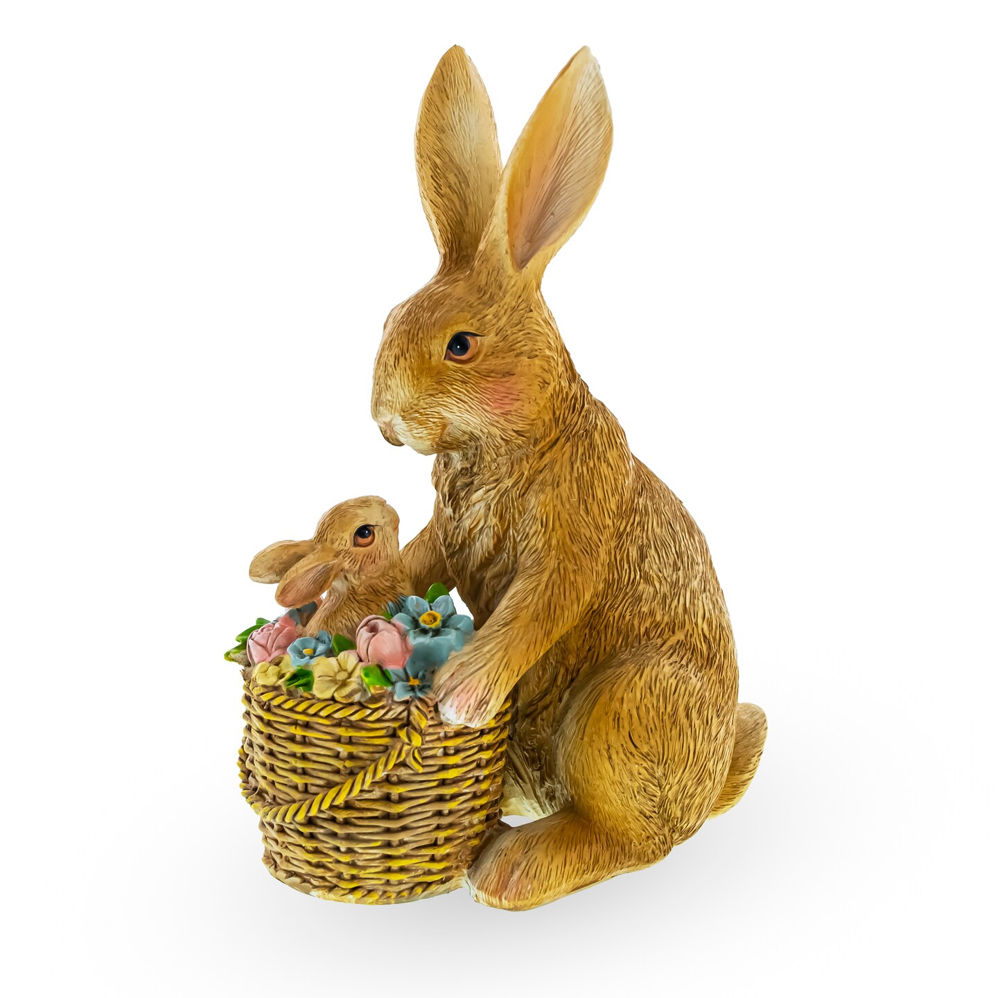 Cherished Embrace: Mother Bunny Cradling a Little One in Floral Basket Figurine