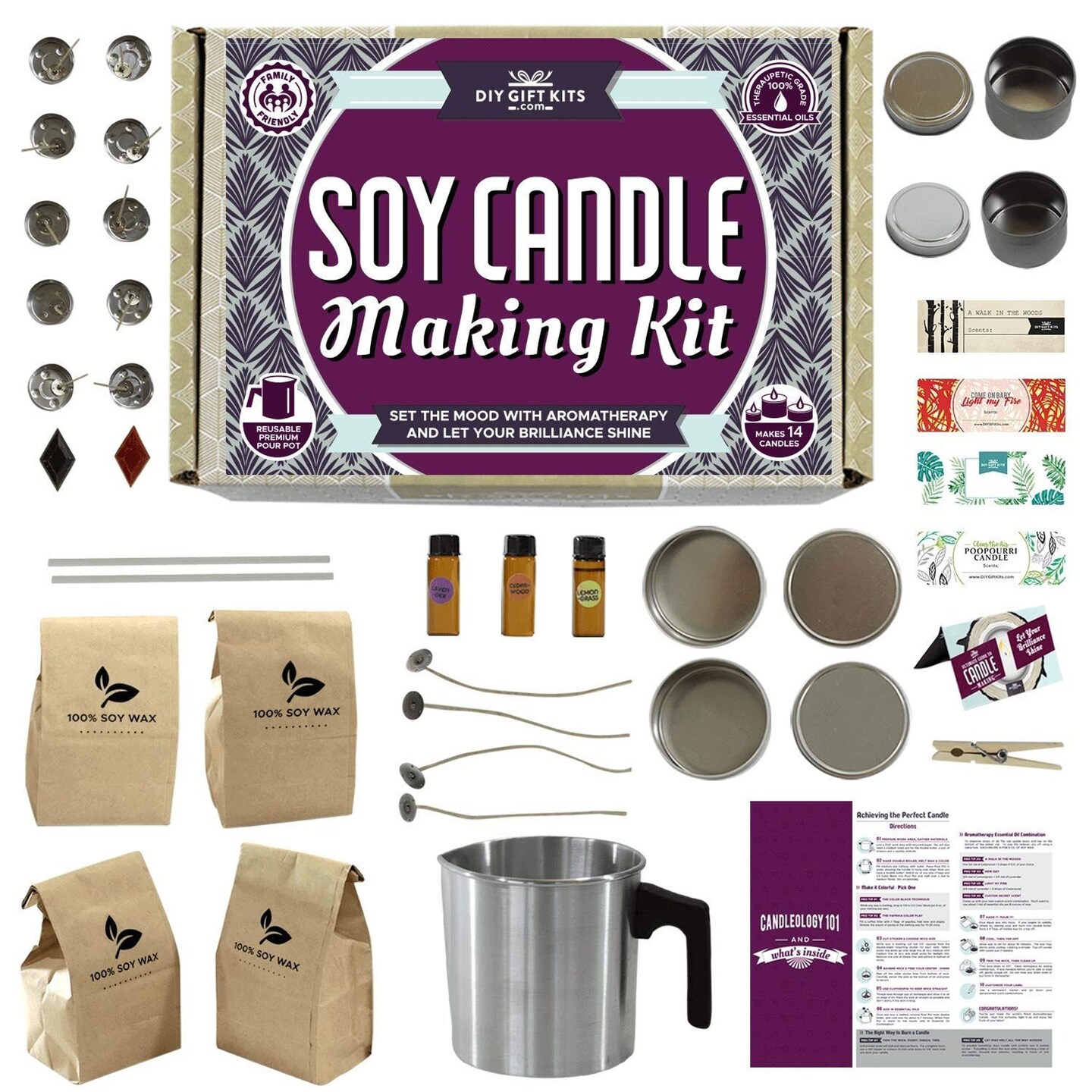 49-Piece Soy Candle Making Kit with 3 Essential Oils for Adult Beginners, DIY 14 Scented Candles Starter Kit with Soy Wax, Pouring Pot