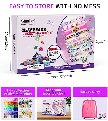 Gionlion 8000 Pcs Clay Beads Kit for Bracelet Making, 2 Boxes 24 Colors Flat Clay Beads Letter Beads Spacer Beads and Charms Kit for Jewelry Making, Jewelry Supplies Crafts Gift for Teen Girls Adults
