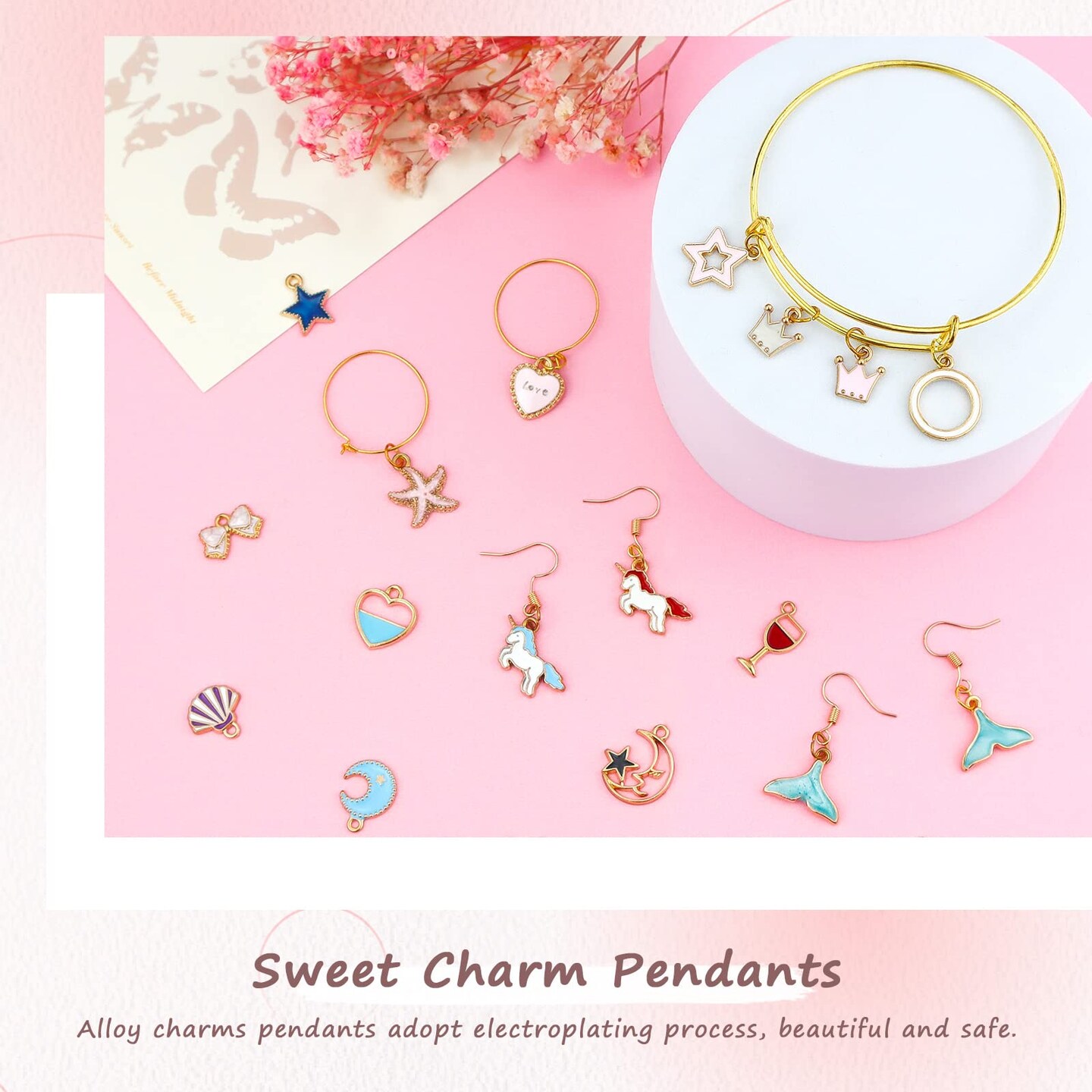 60PCS Assorted Gold Plated Enamel Animal Moon Star Fruit Charm Pendant DIY for Necklace Bracelet Jewelry Making and Crafting