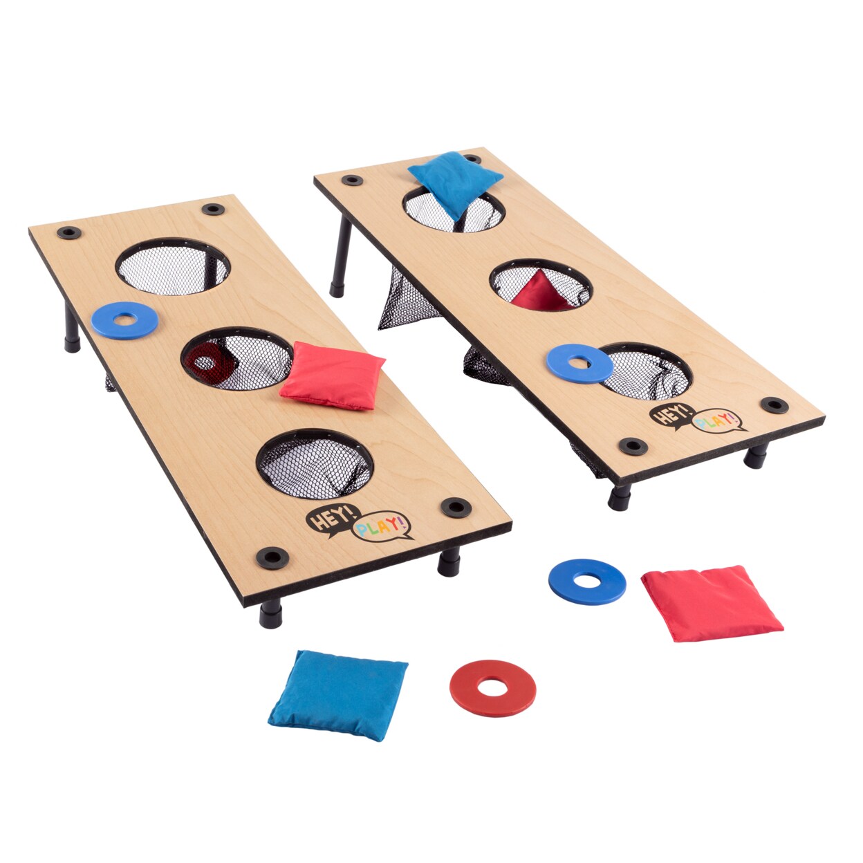 Hey! Play! 2-in-1 Washer Pitch and Beanbag Toss Wooden Cornhole Game Set