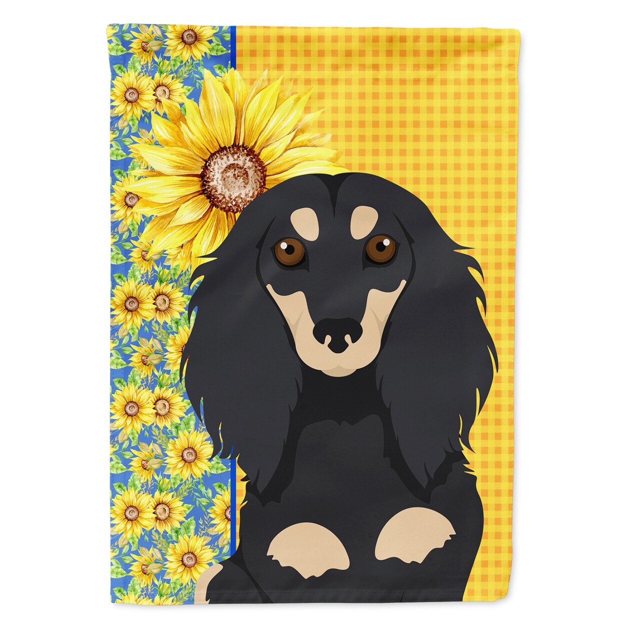 Caroline&#x27;s Treasures Summer Sunflowers Longhair Black and Cream Dachshund Flag Garden Size
