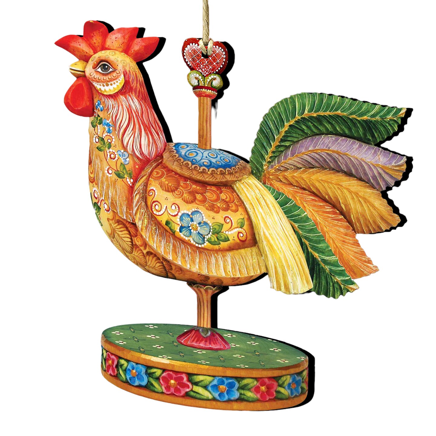 Designocracy Set of 2 Rooster Carousel Wooden Christmas Ornaments 5.5&#x22;
