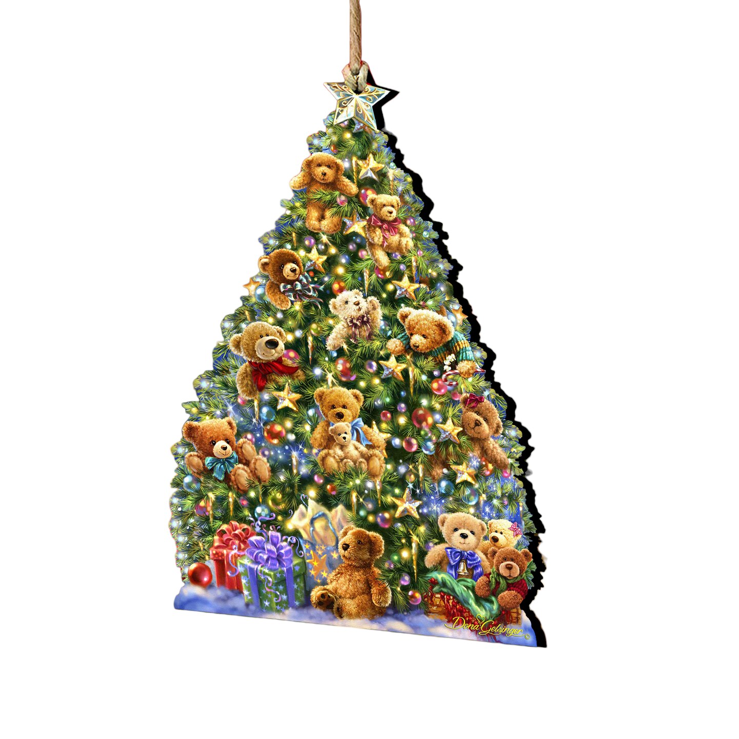 Designocracy Set of 2 Teddy Bear Tree with Gifts Wooden Christmas Ornaments 5.5"