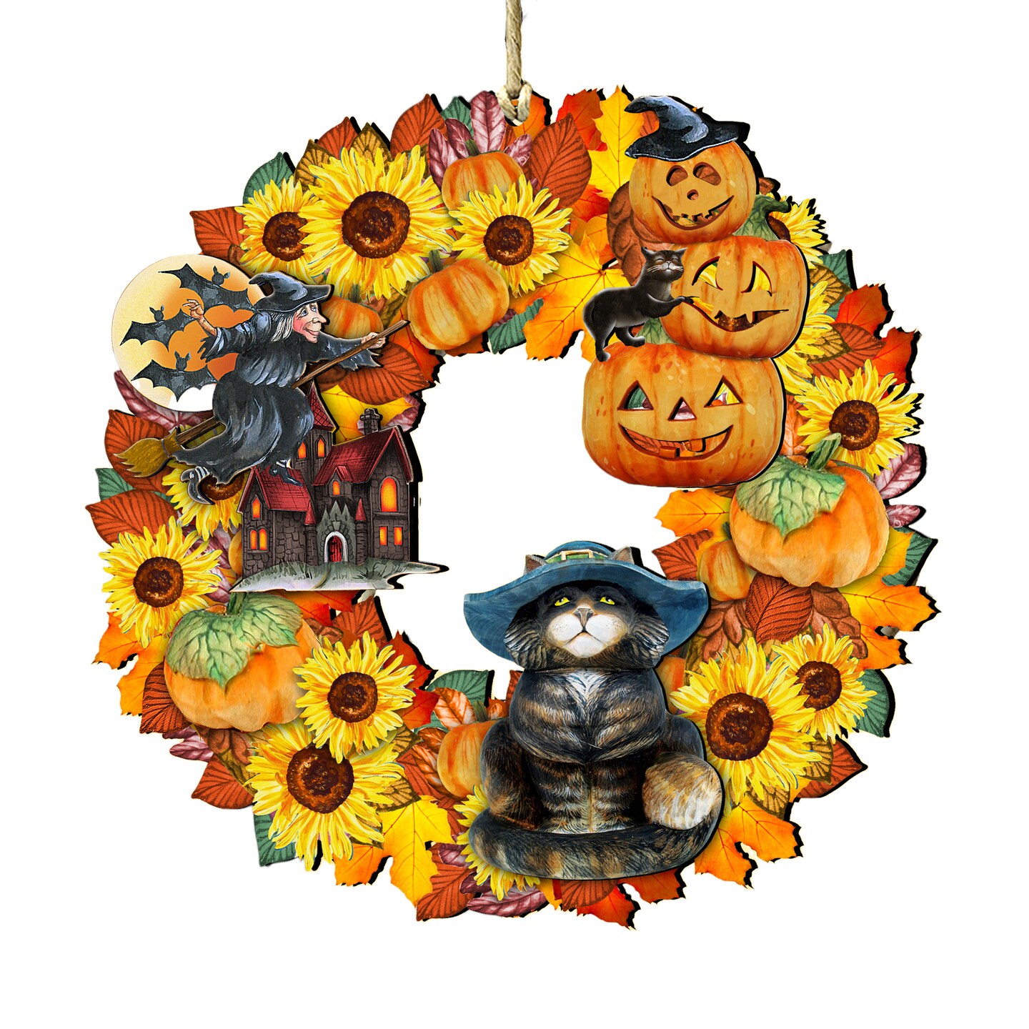 Designocracy Set of 2 Witch Pumpkin Cat Wreath Wooden Halloween Ornaments 5.5&#x22;