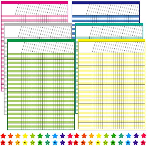 6 Pack Multi-Color Laminated Dry Erase Incentive Chart with 120 Reward Star Stickers for Chore Responsibility, School Attendance, Homework Progress Tracking Chart (17 Inch x 22 Inch)