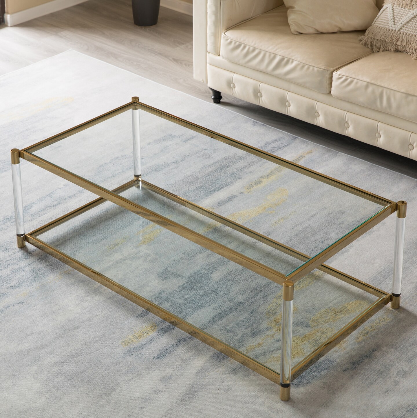 Acrylic Rectangular Modern Gold Metal Coffee Table with Tempered Glass and Shelf for Office, Dining Room, Entryway