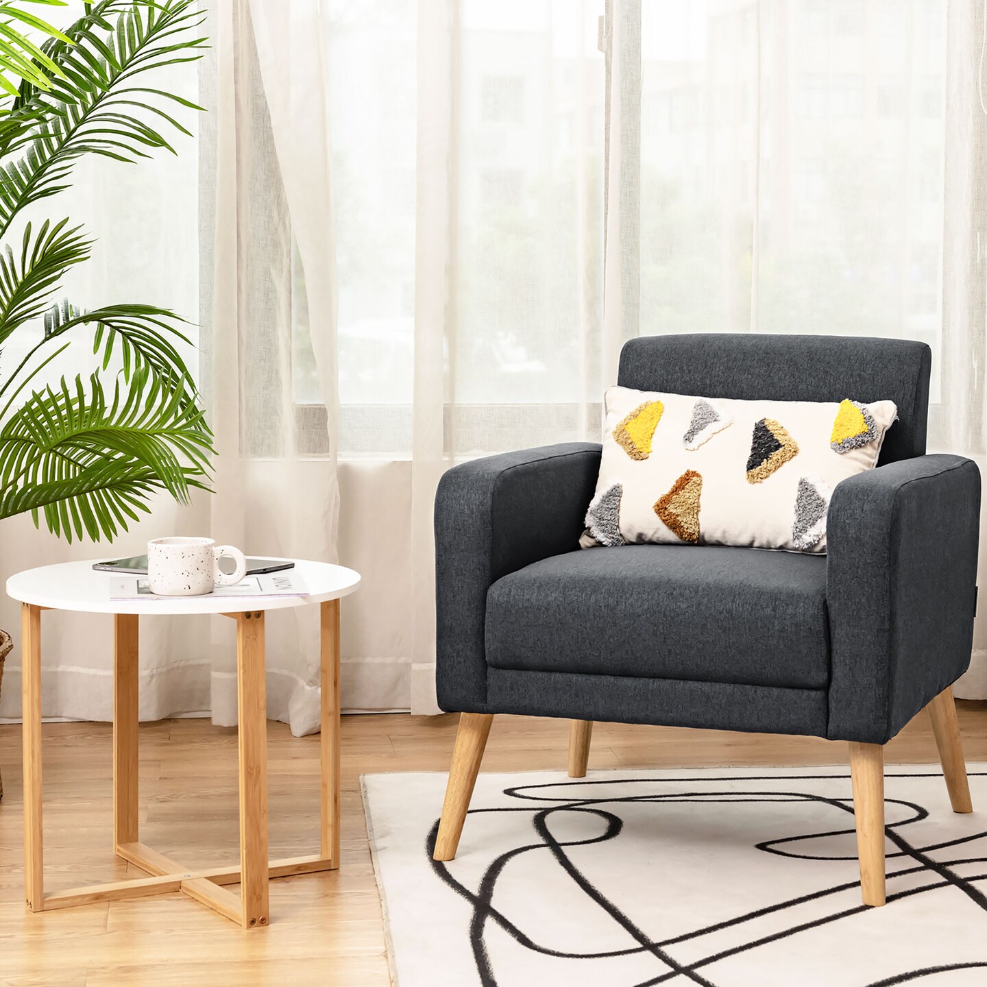 Costway Modern Accent Chair Upholstered Linen Armchair w/Rubber Wood Legs Yellow\Beige\Grey\Navy