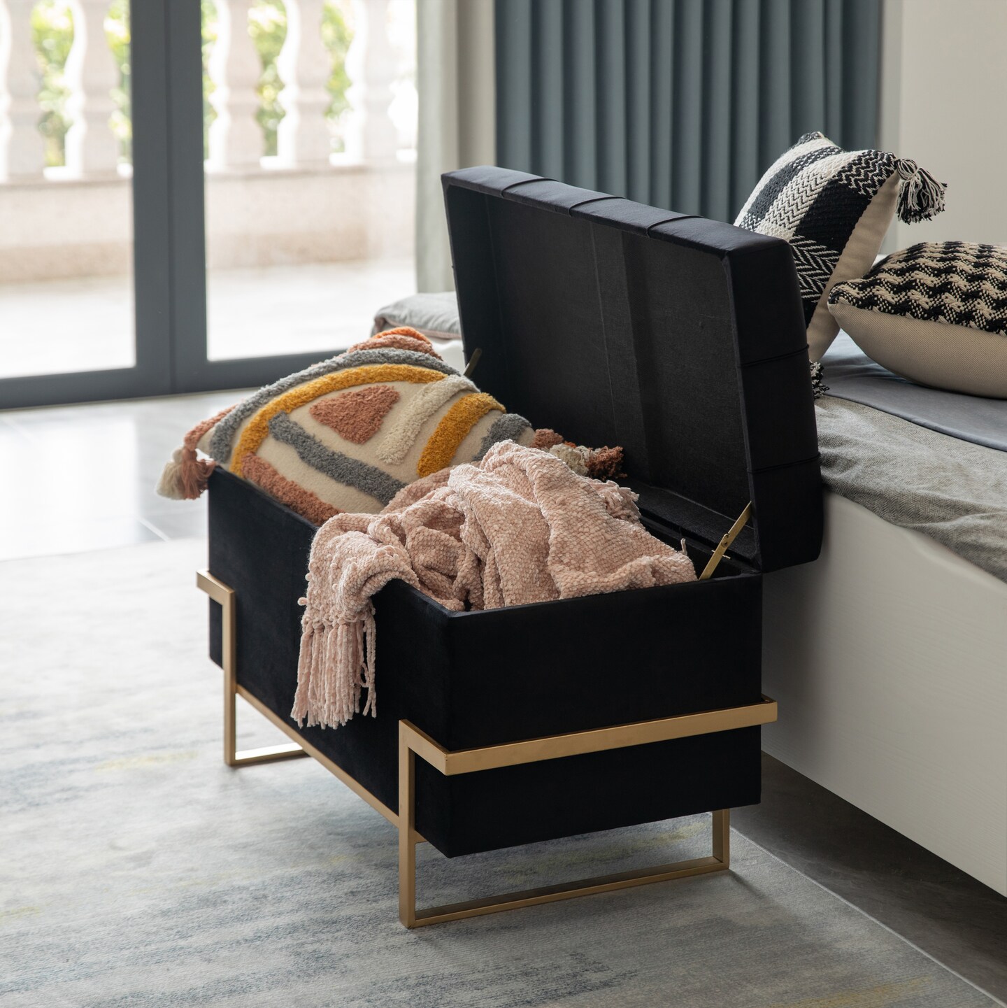 Rectangle Velvet Storage Ottoman Stool Box with Abstract Golden Legs Decorative Sitting Bench for Living Room Home Decor with Unique Base Support Michaels