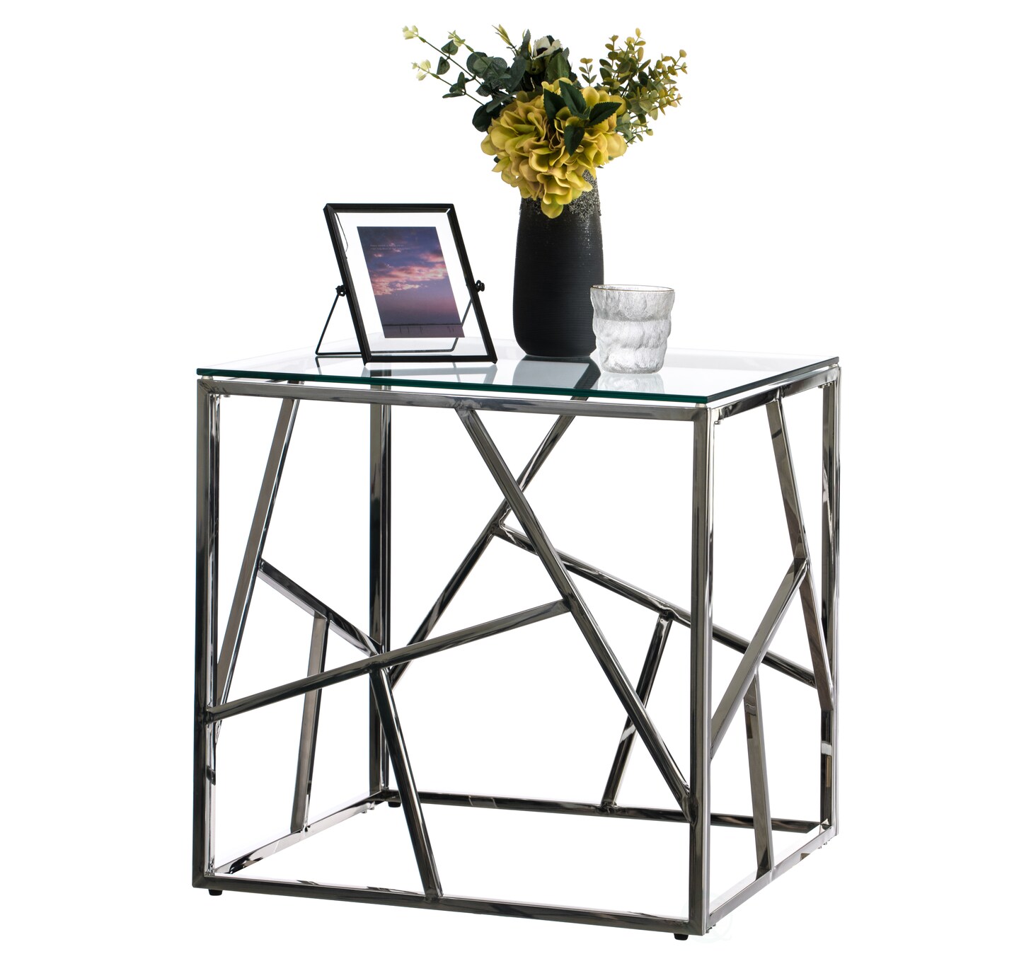 Modern Square End Side Table, Tempered Glass Top Metal Coffee Table