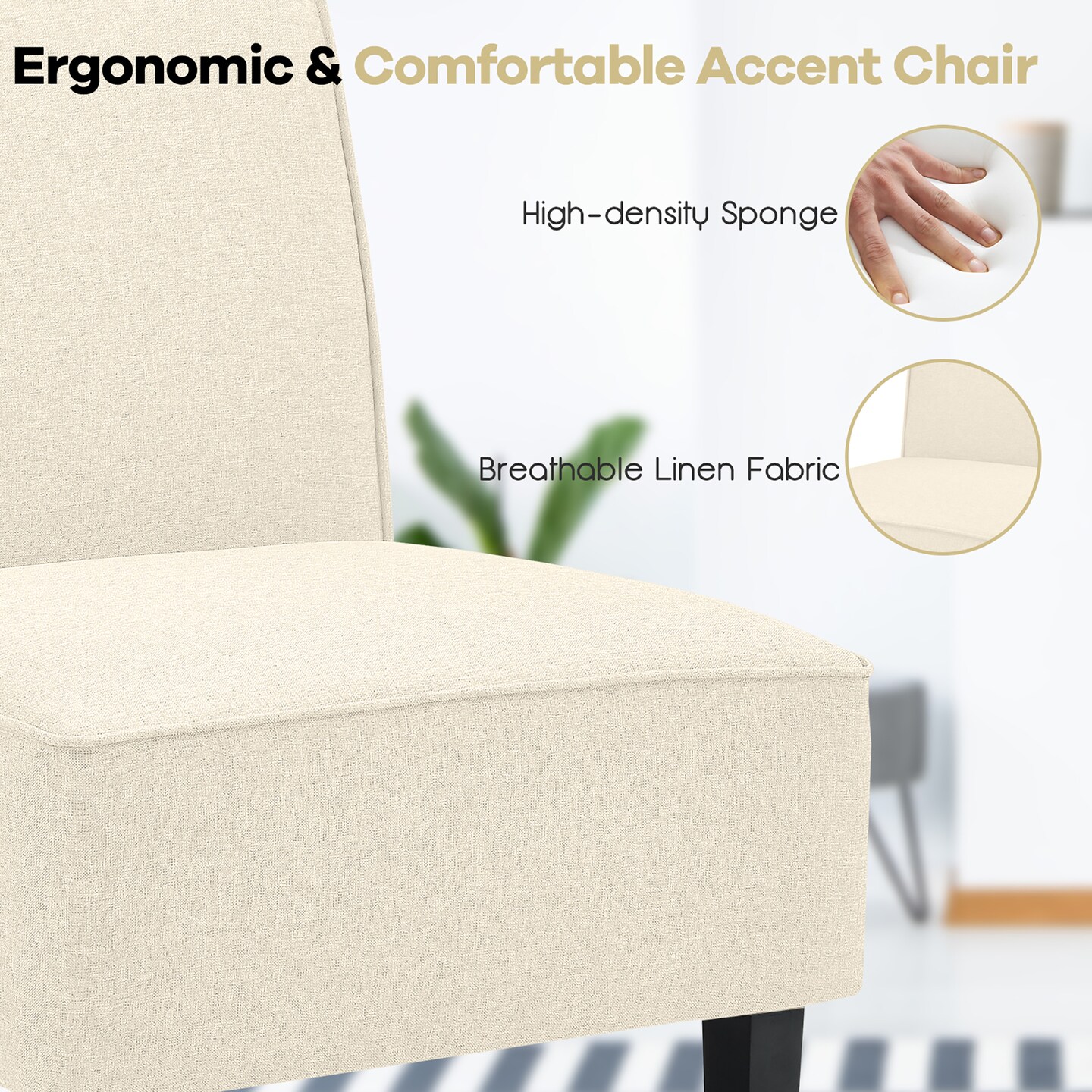 Costway Modern Armless Accent Chair Fabric Single Sofa withRubber Wood Legs Beige/Gray