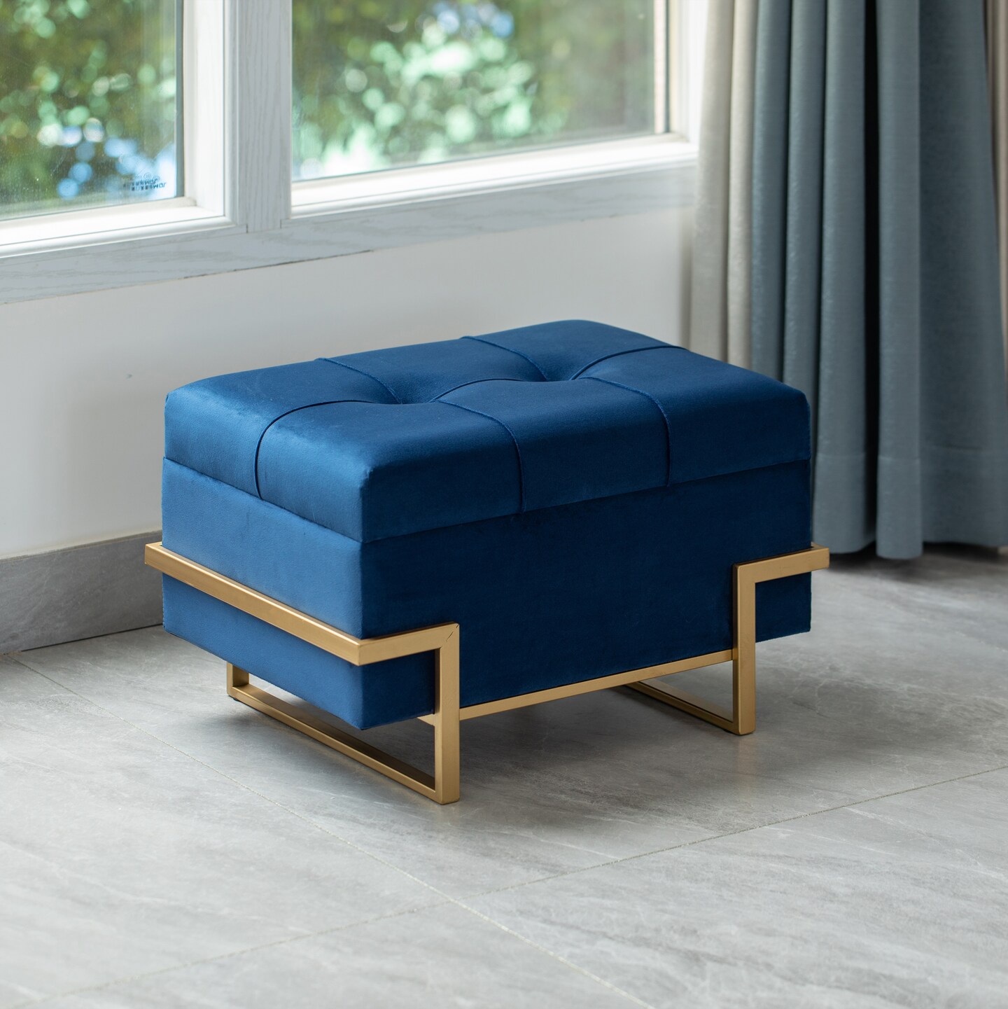 Rectangle Velvet Storage Ottoman Stool Box with Abstract Golden Legs | Decorative Sitting Bench for Living Room Home Decor with Unique Base Support