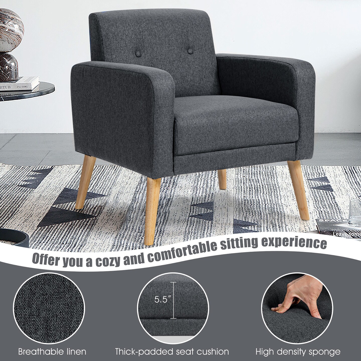Costway Modern Accent Chair Upholstered Linen Armchair w/Rubber Wood Legs Yellow\Beige\Grey\Navy