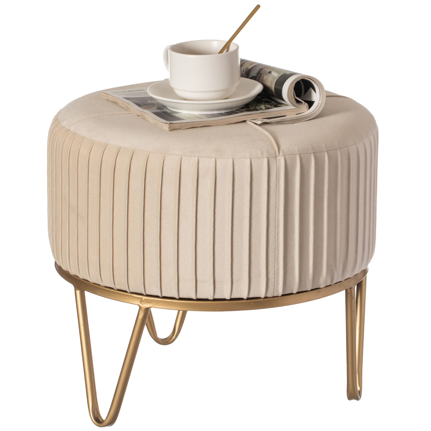Round Velvet Ottoman Stool Raised with Hairpin Gold Base