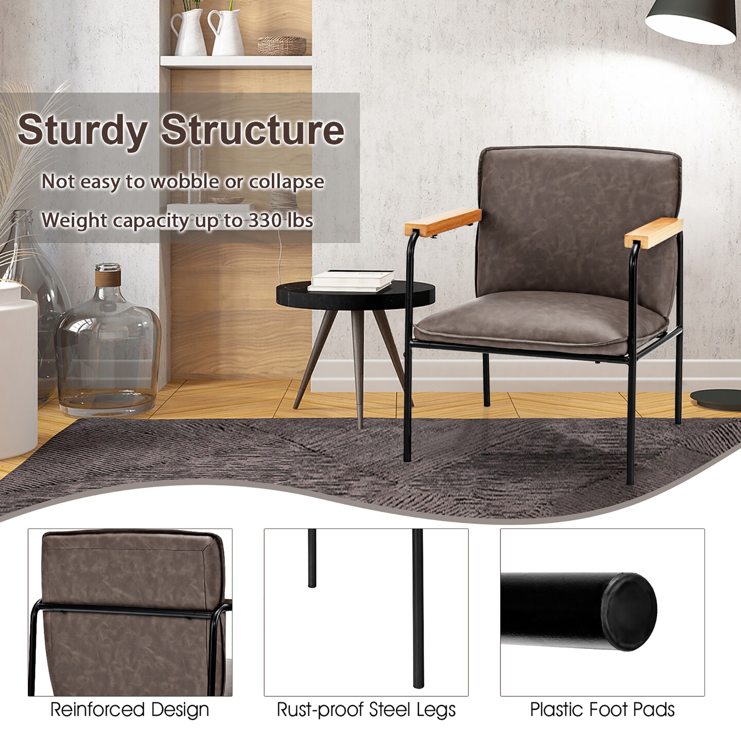 Costway Modern Accent Chair Arm Chair PU Leather W/Rubber Wood Armrest for Living Room