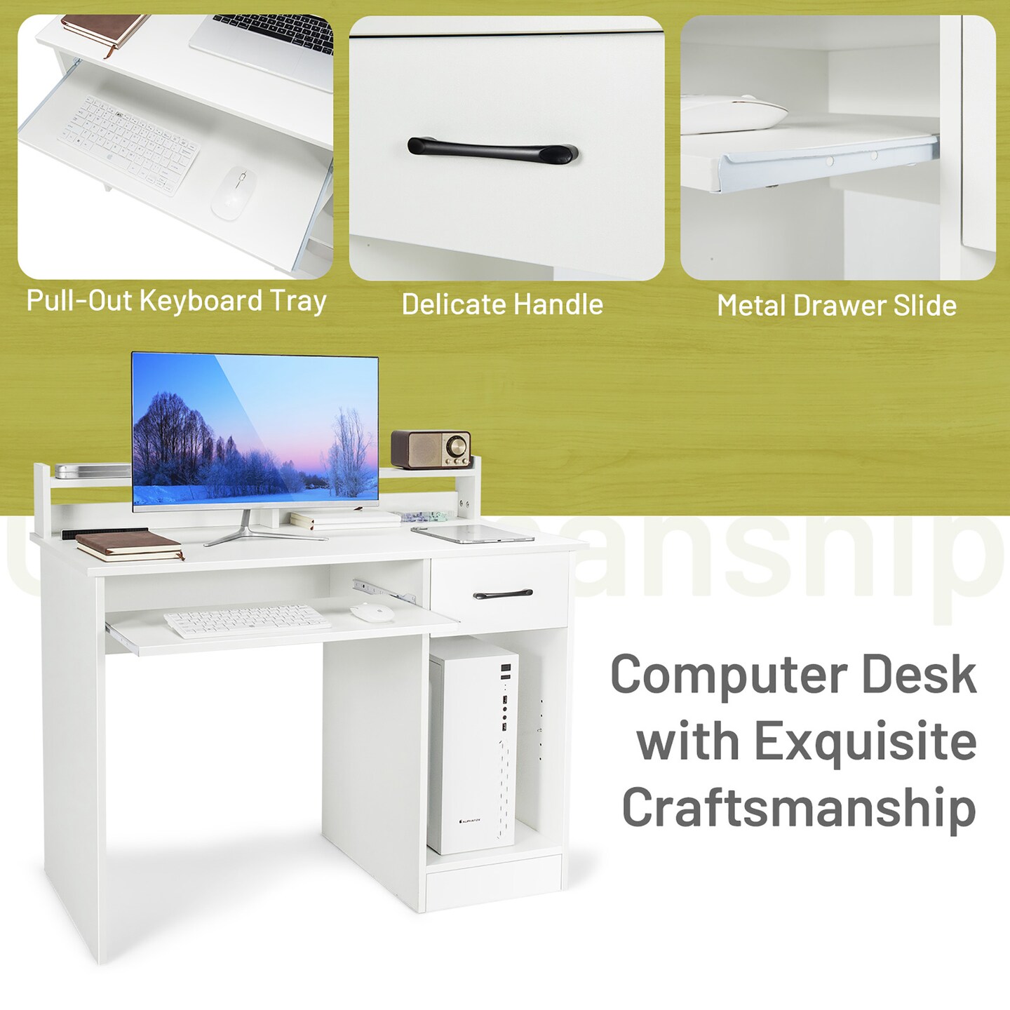 Costway 22&#x22; Wide Computer Desk Writing Study Laptop Table w/ Drawer &#x26; Keyboard Tray White\Black