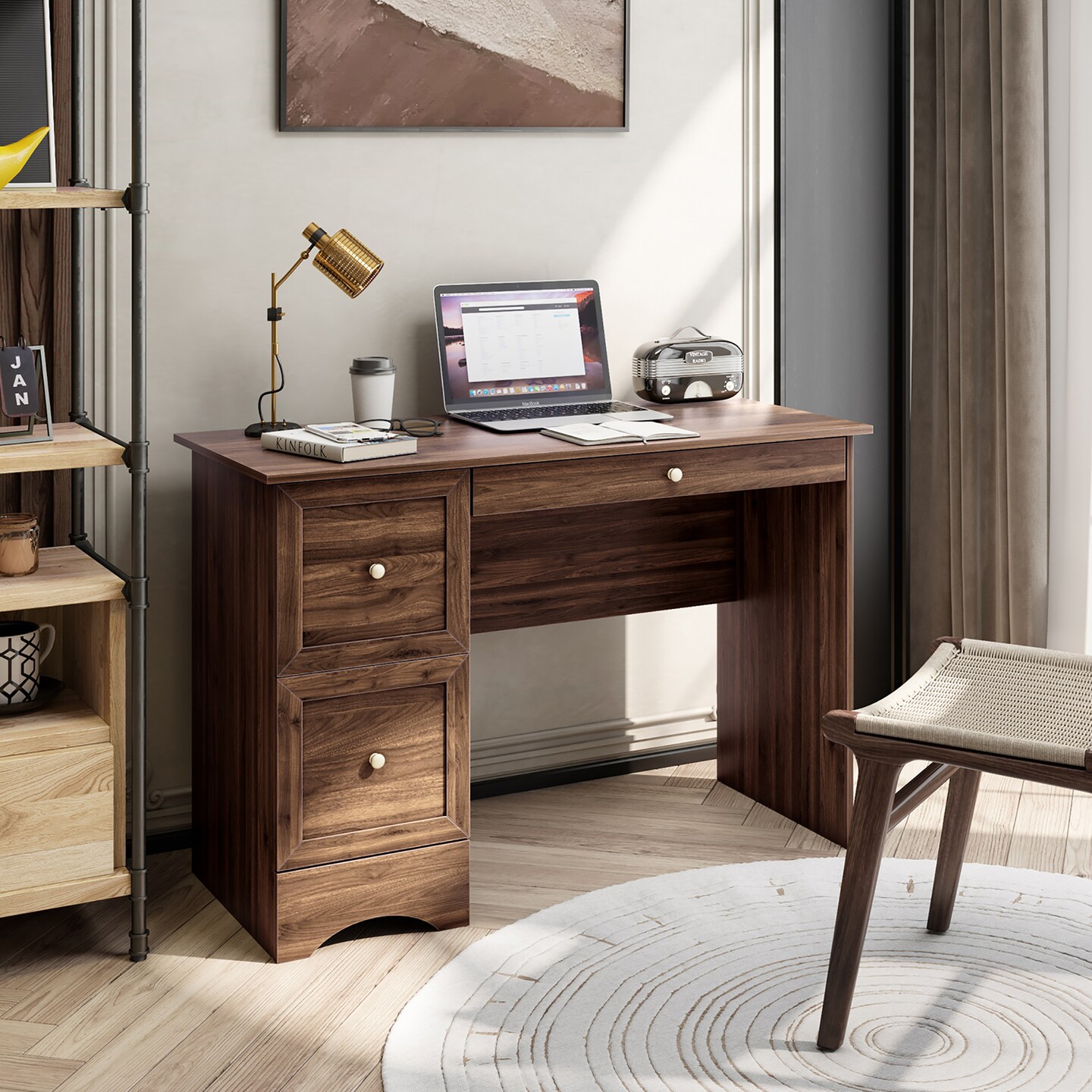 Costway Vintage Computer Desk Home Office Study Table Spacious Workstation with 3 Drawers Brown