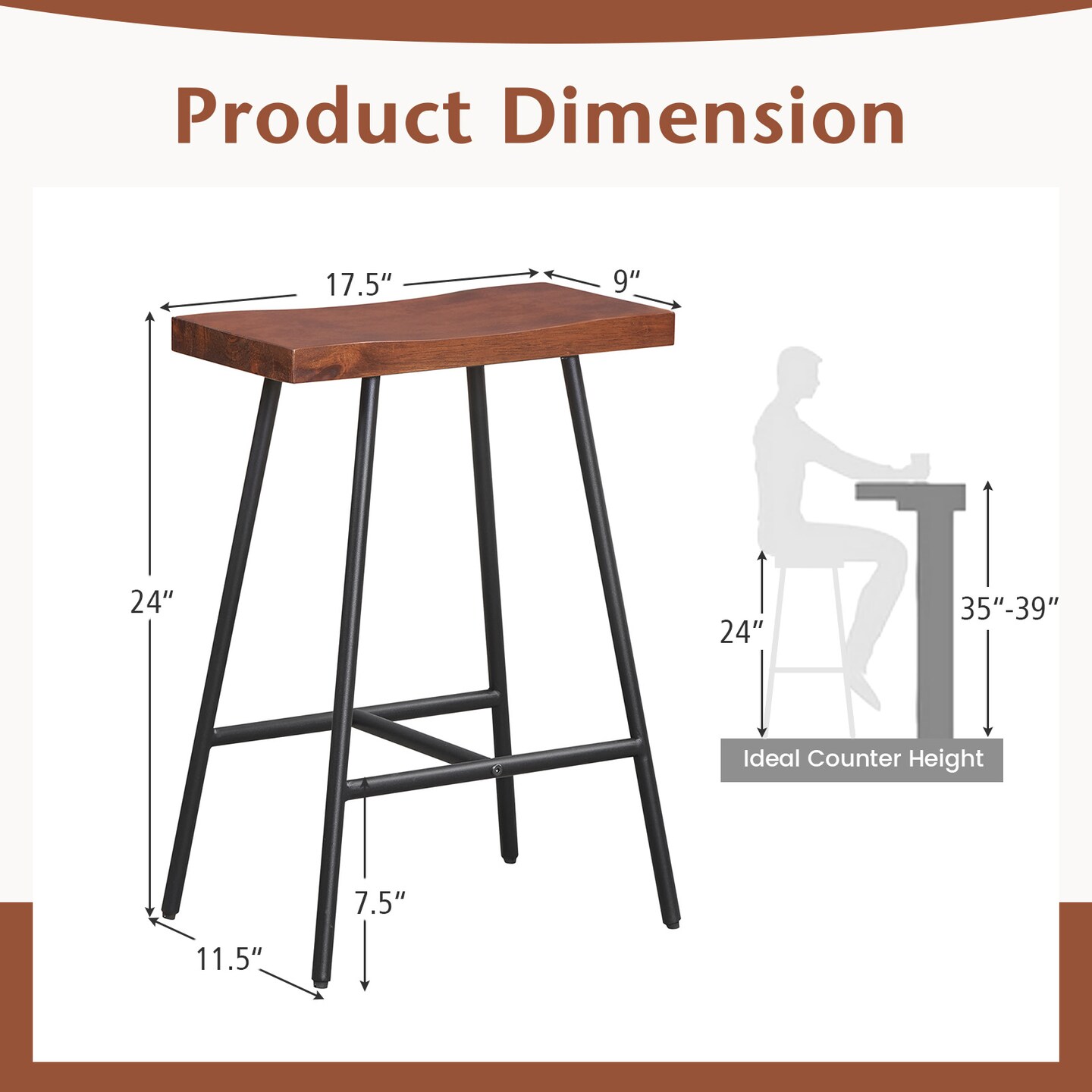 Costway Set of 2 Industrial Saddle Stool Counter Height Bar Stool Dining Pub Chair w/ Metal Frame