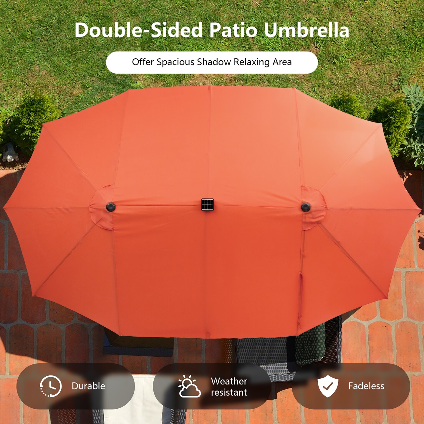 Costway 15FT Twin Patio Double-Sided Umbrella 48 Solar LED Lights Crank Outdoor Wine\Beige\Coffee\Orange\Turquoise