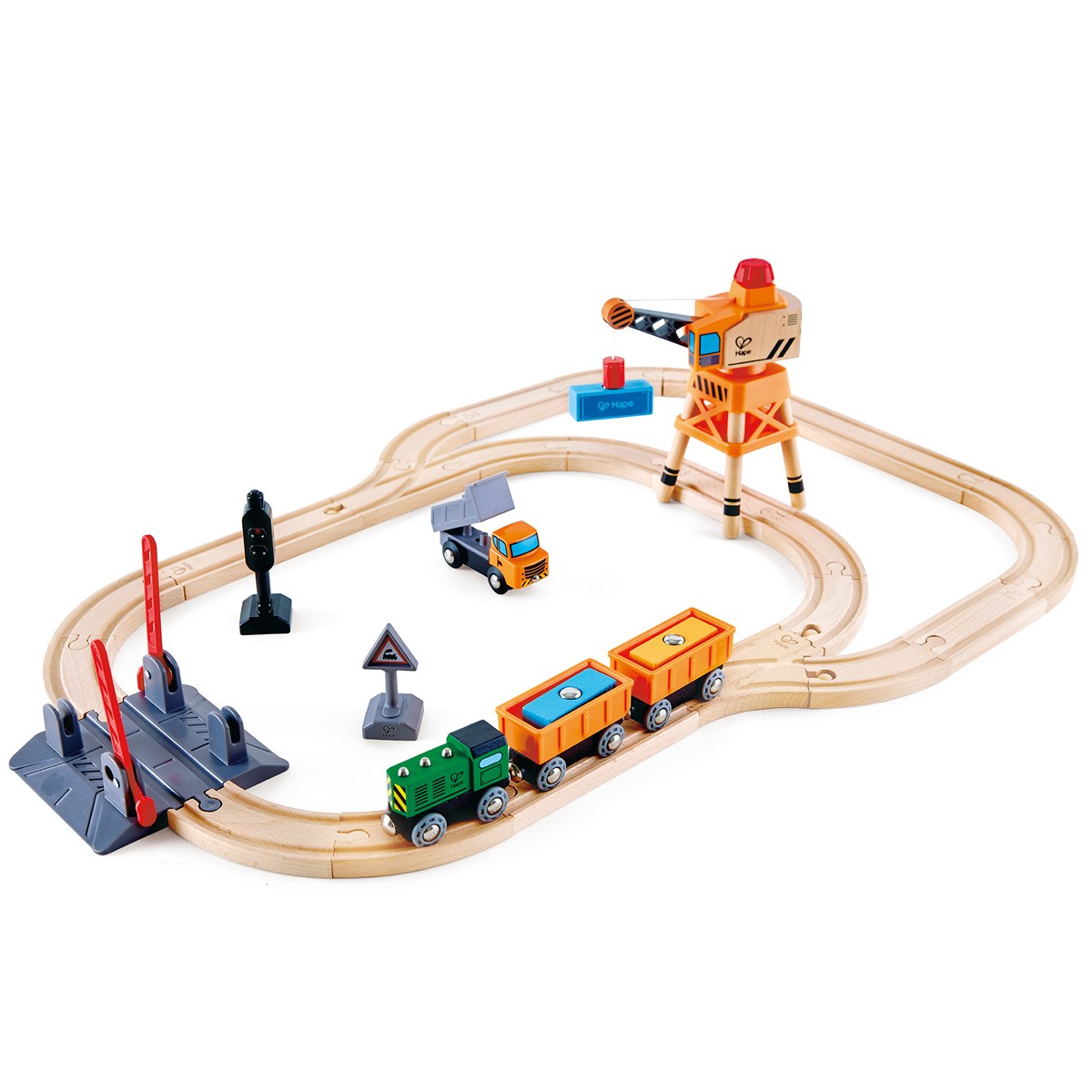 HAPE Crossing &#x26; Crane Set - 34 Piece Wooden Railway Playset