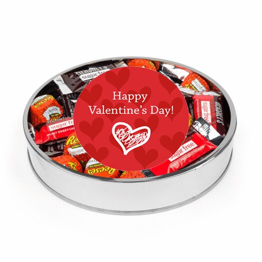 Valentine&#x27;s Day Sugar Free Candy Gift Tin Large Plastic Tin with Sticker and Hershey&#x27;s Chocolate &#x26; Reese&#x27;s Mix