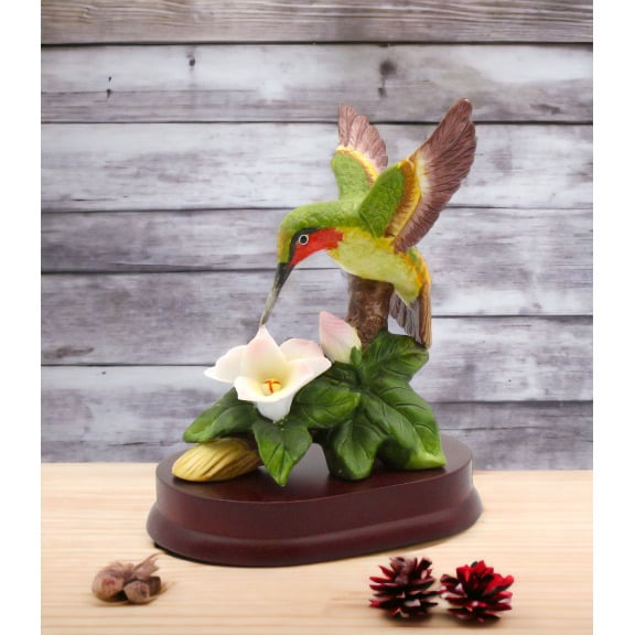 Ceramic Hummingbird Figurine 5.25In Magnolia Flower Wood Base Gift