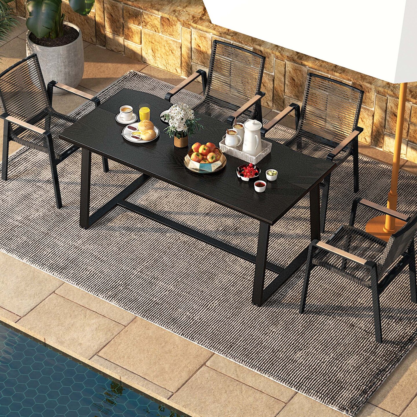Costway 63&#x22; Large Dining Table for 4-6 People with Wavy Edge Heavy-duty Metal Frame Coffee/Black