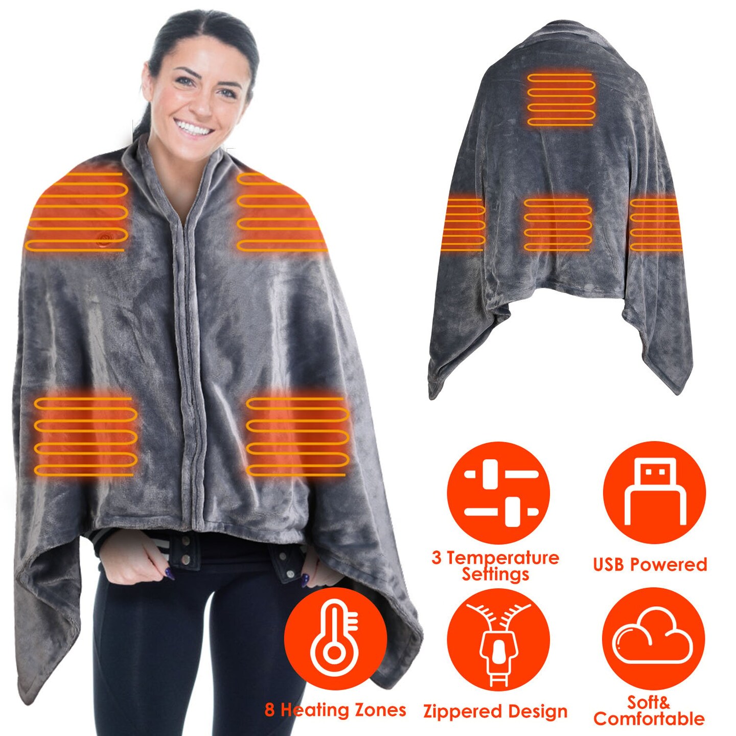 Global Phoenix USB Heated Blanket Electric Heated Blanket Heated Poncho Shawl Wrap Throw with Zipper Washable for Home Office 5931in