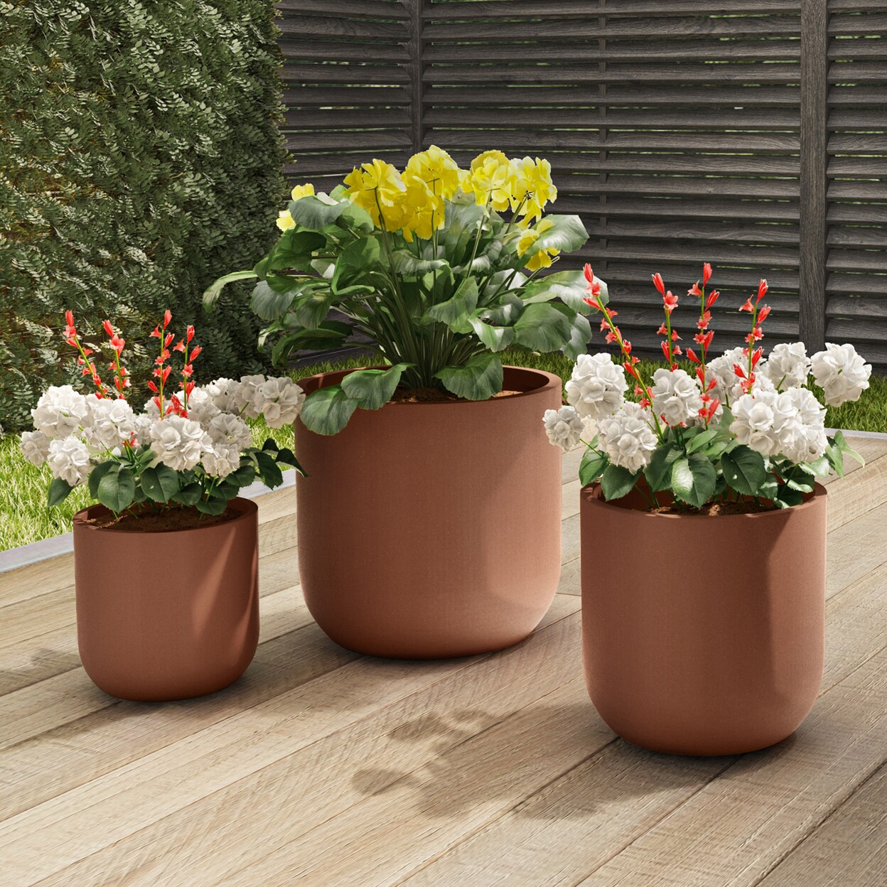 Fiber Clay Outdoor Planter Set 3-Piece Xl Cylinder Pots Brown Lightweight