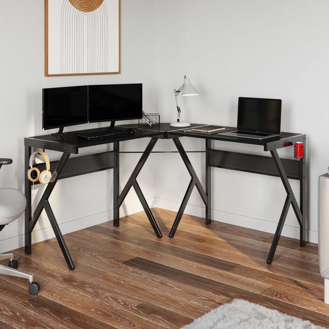 L Shaped Computer Desk With Headphone And Cup Holder Modern Style Black