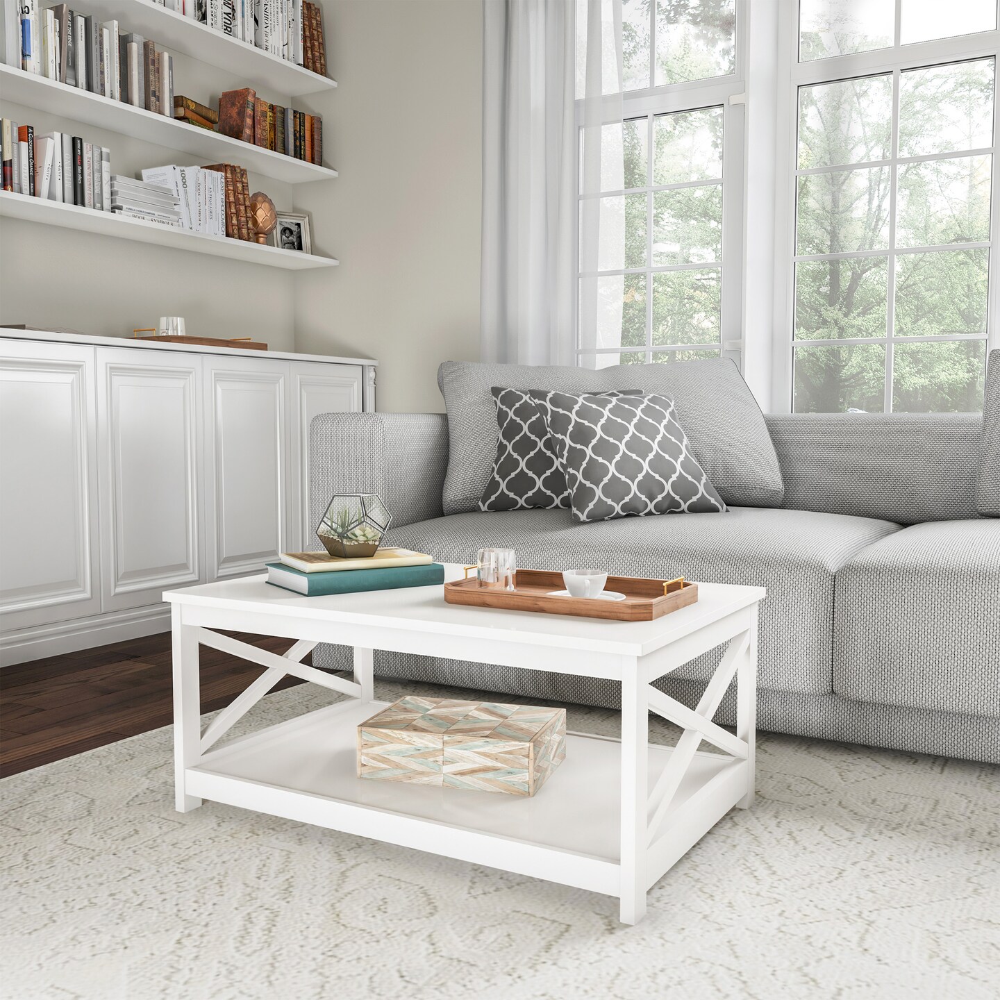 White Wooden Coffee Table 34 Inch Modern With Storage Shelf Tv Stand 14.5 Inch High