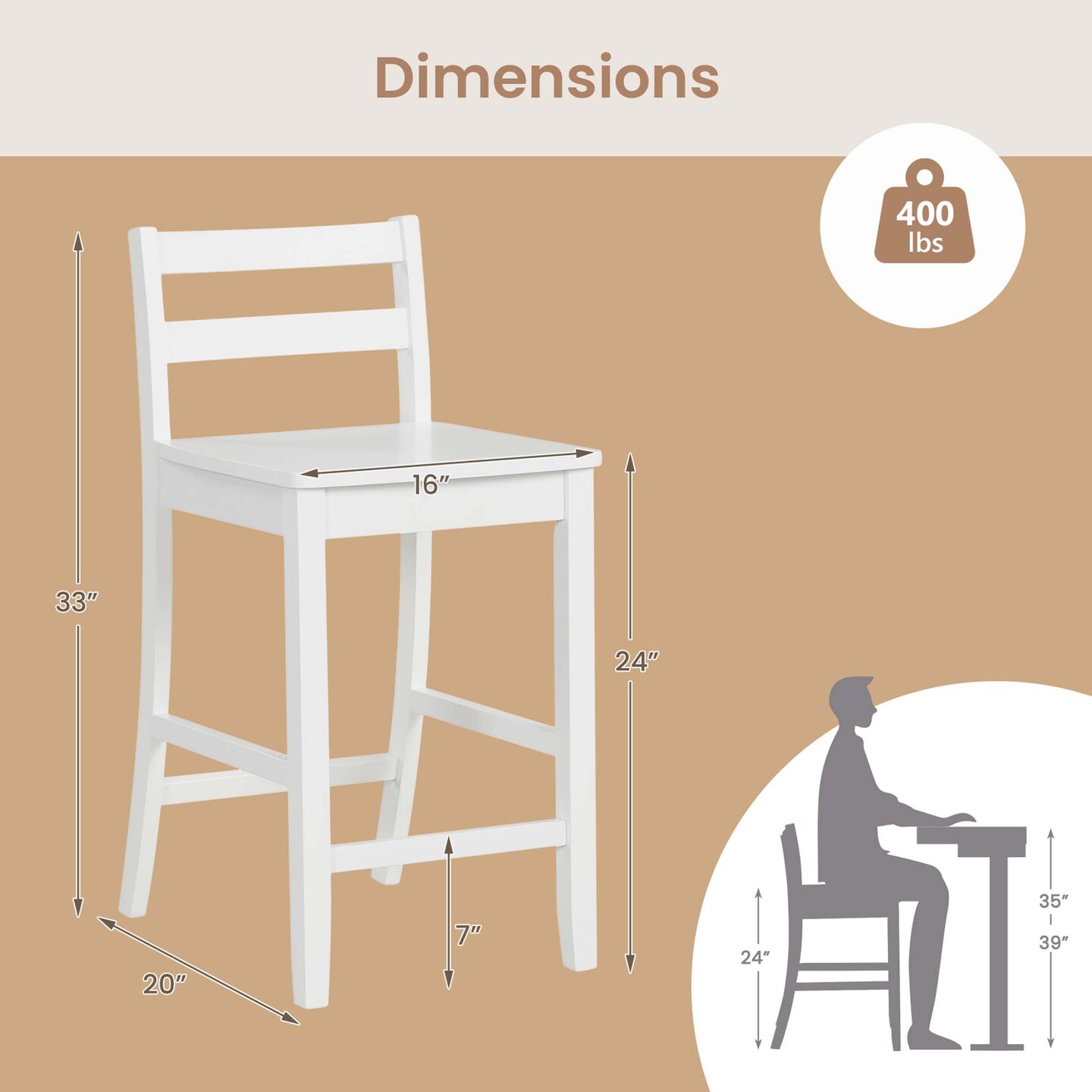 Costway 24-Inch Wooden Bar Stools Set of 4 with Ergonomic Backrest Counter Height Stools Black/White