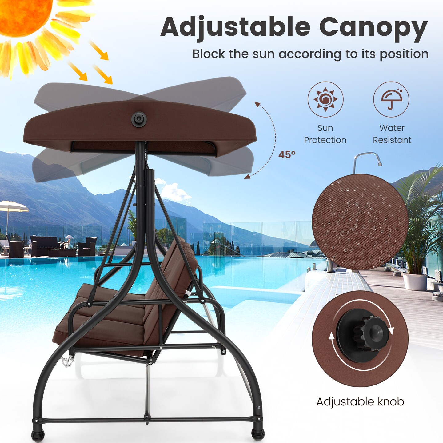 Costway 3-Seat Outdoor Converting Patio Swing Glider Adjustable Canopy Porch Swing Coffee/Black/Wine