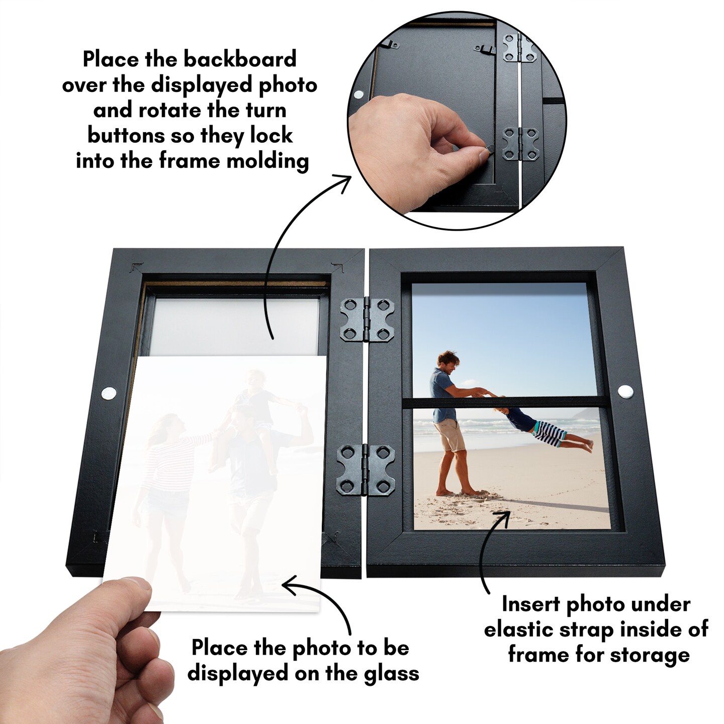 Americanflat Quick-Change Photo Storage Display Frame - Store up to 35 Pictures at Once with Elastic Strap Storage - Shatter Resistant Glass - Hanging Hardware - Includes Easel - Black