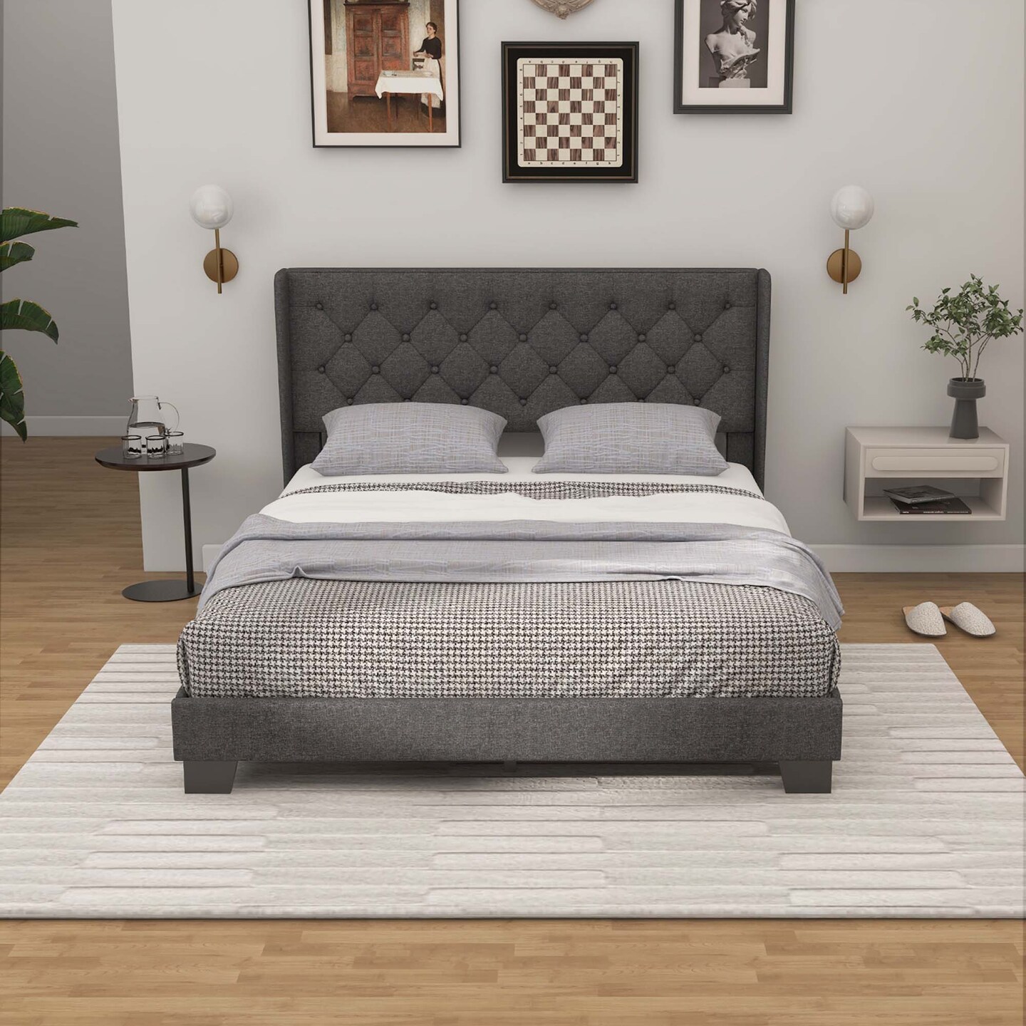 Costway Full/Queen/Twin Size Upholstered Platform Bed Tufted Headboard Mattress Foundation Grey