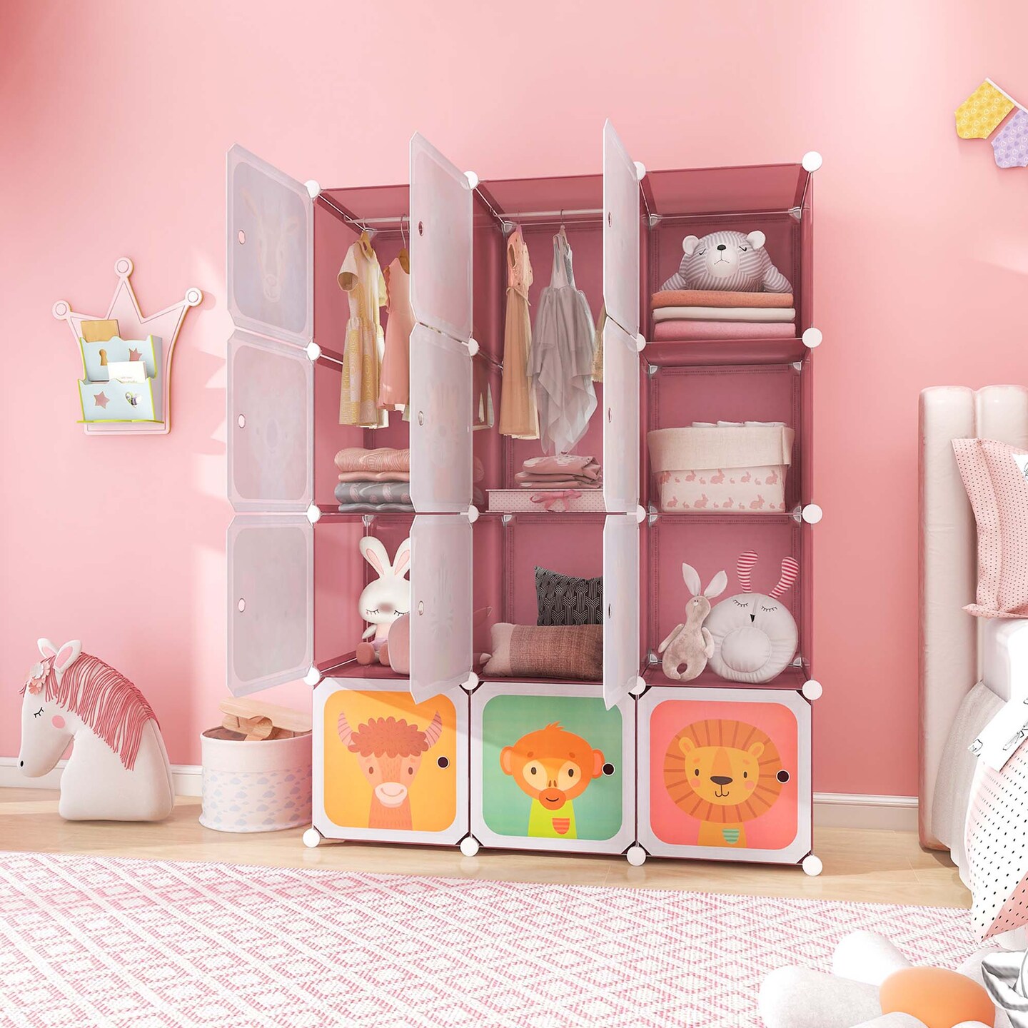 Costway 12-Cube Kids Wardrobe Baby Dresser Bedroom Armoire Clothes Hanging Closet with Door Blue/Pink