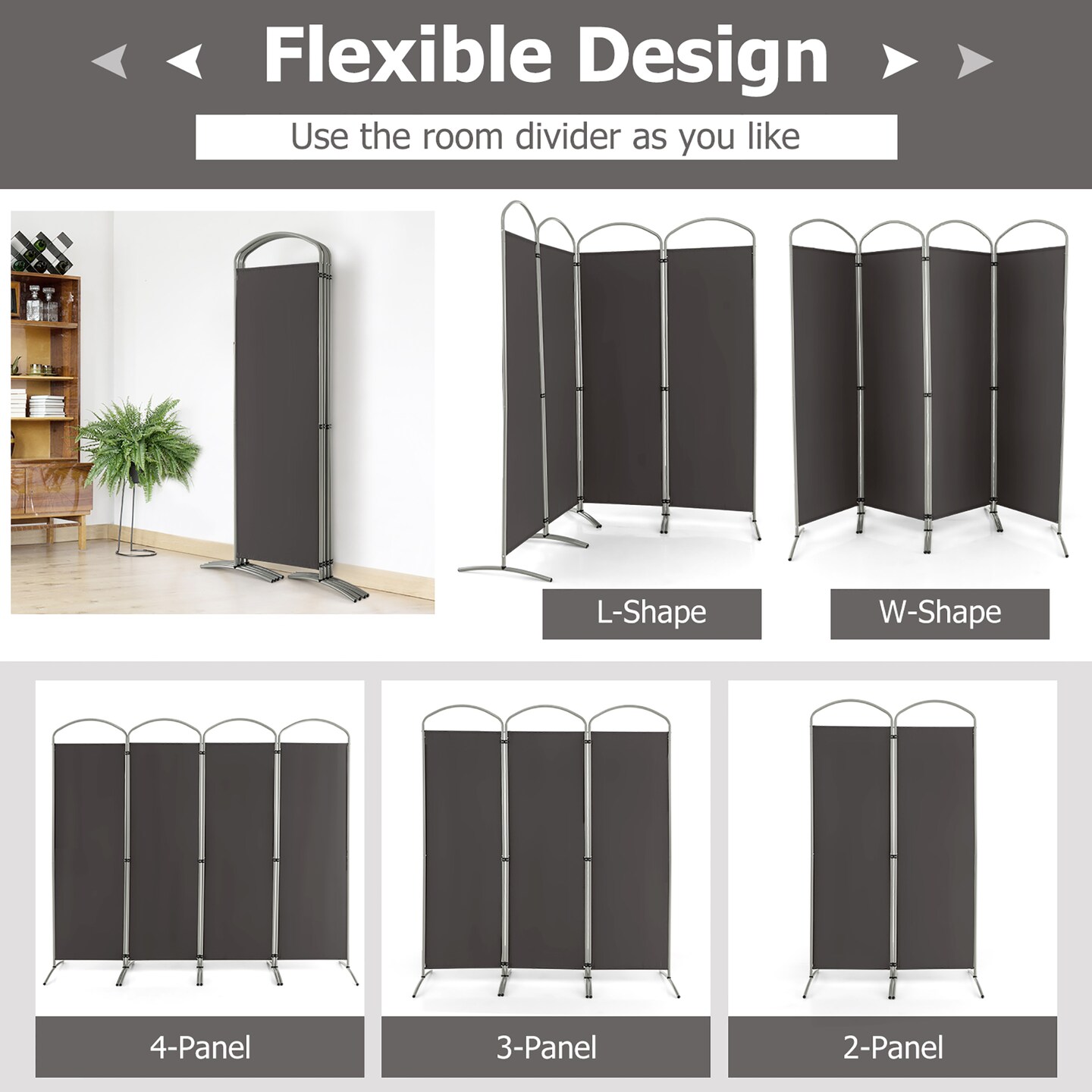 Costway 4 Panels Folding Room Divider 6 Ft Tall Fabric Privacy Screen Black/Brown/Grey/White
