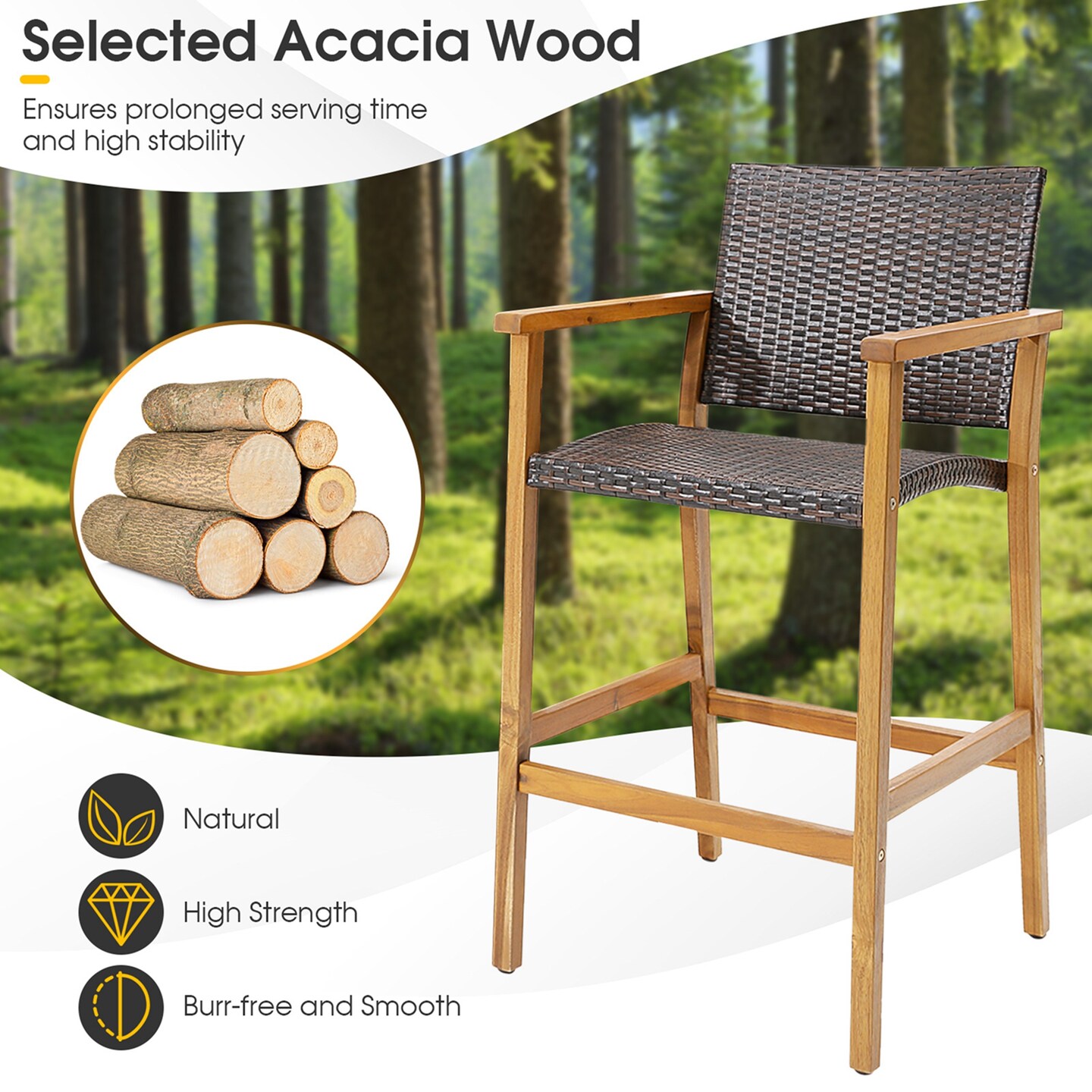 Costway 2PCS/4PCS Patio PE Wicker Bar Chairs Height Barstools with Acacia Wood Armrests Balcony