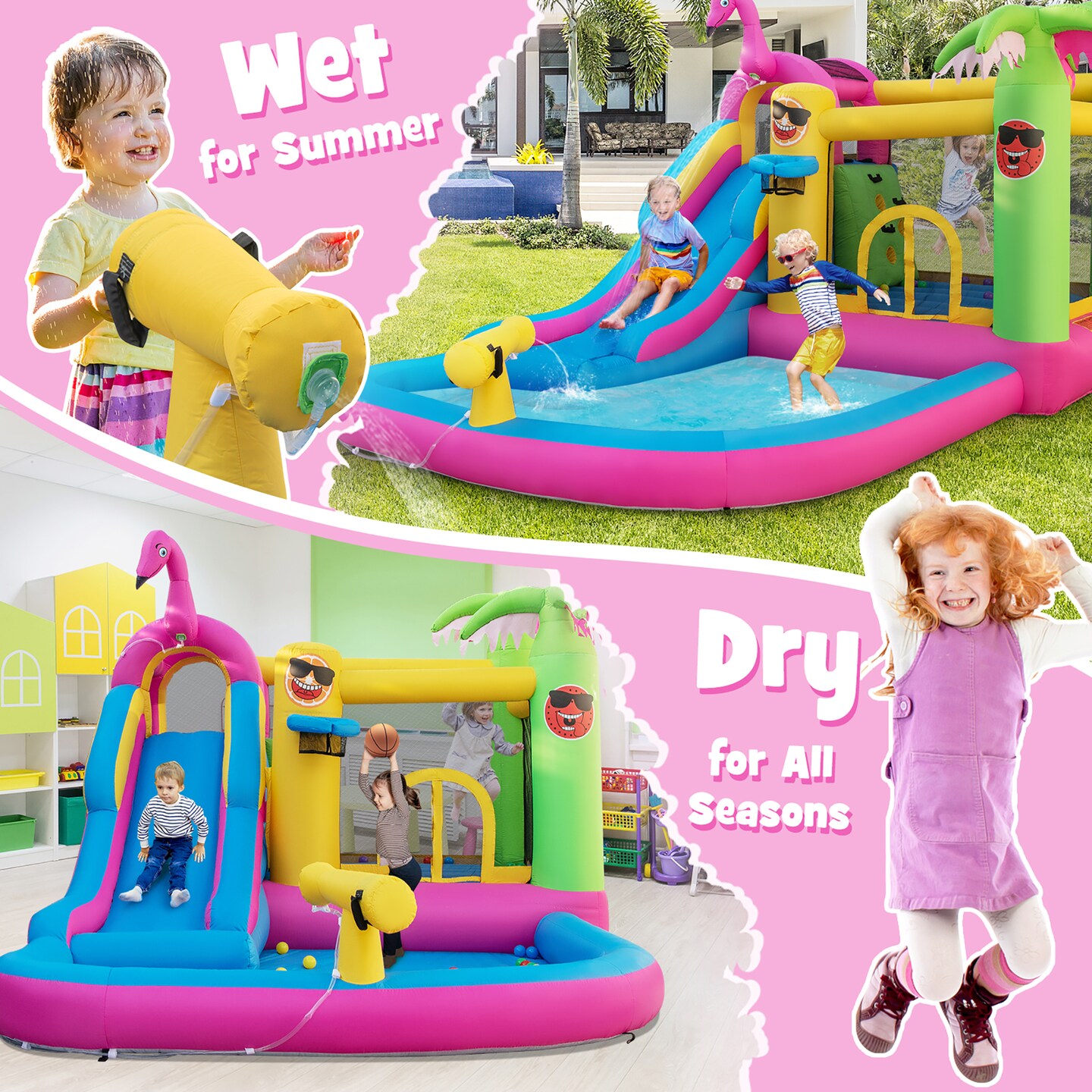 Costway Tropical Inflatable Bounce Castle for Backyard, Ocean Ball &#x26; 735W Blower Include