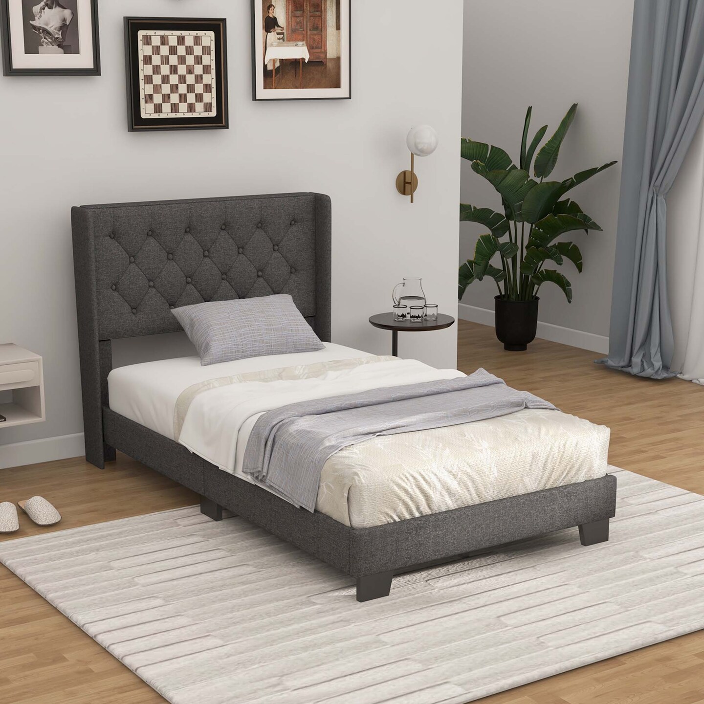 Costway Full/Queen/Twin Size Upholstered Platform Bed Tufted Headboard Mattress Foundation Grey