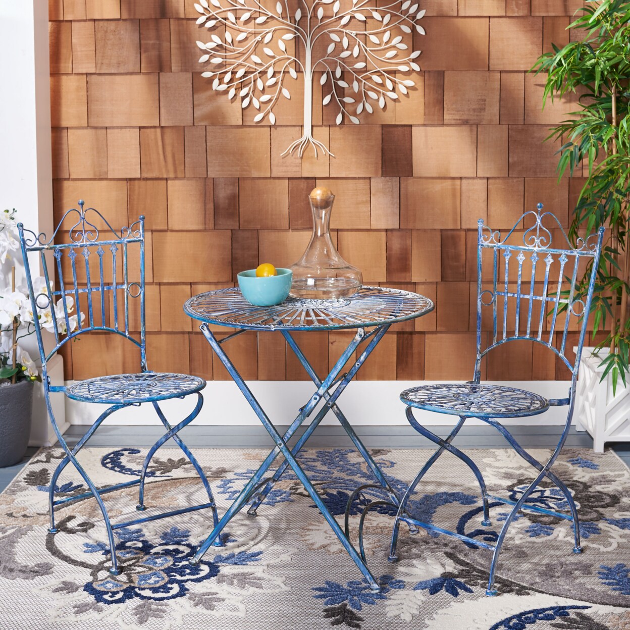 Safavieh   Outdoor Collection Belen Bistro Set, 1 Table &#x26; 2 Chairs Antique Blue