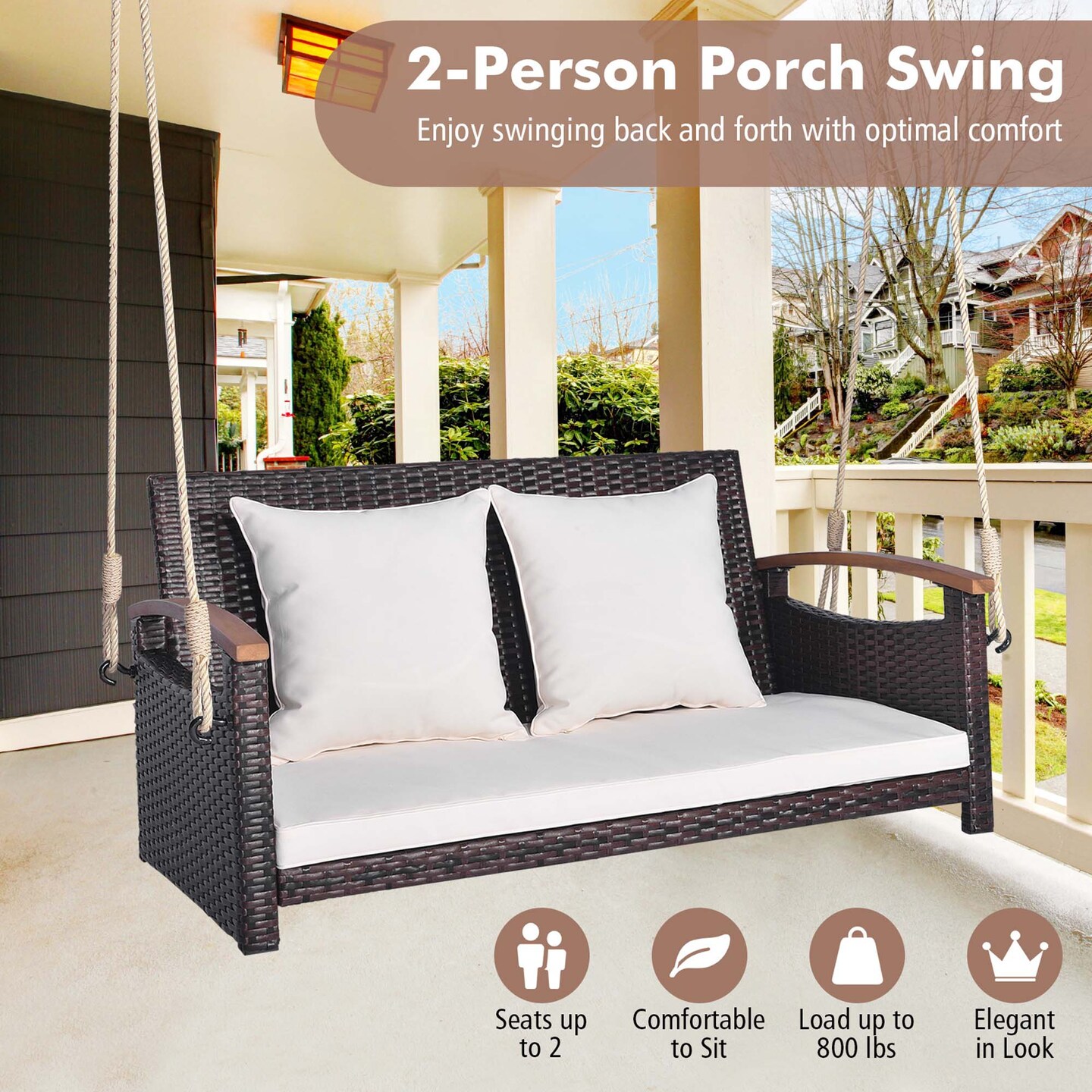 Costway Patio Rattan Porch Swing 2-Person Hanging Chair Cushioned Loveseat for Backyard